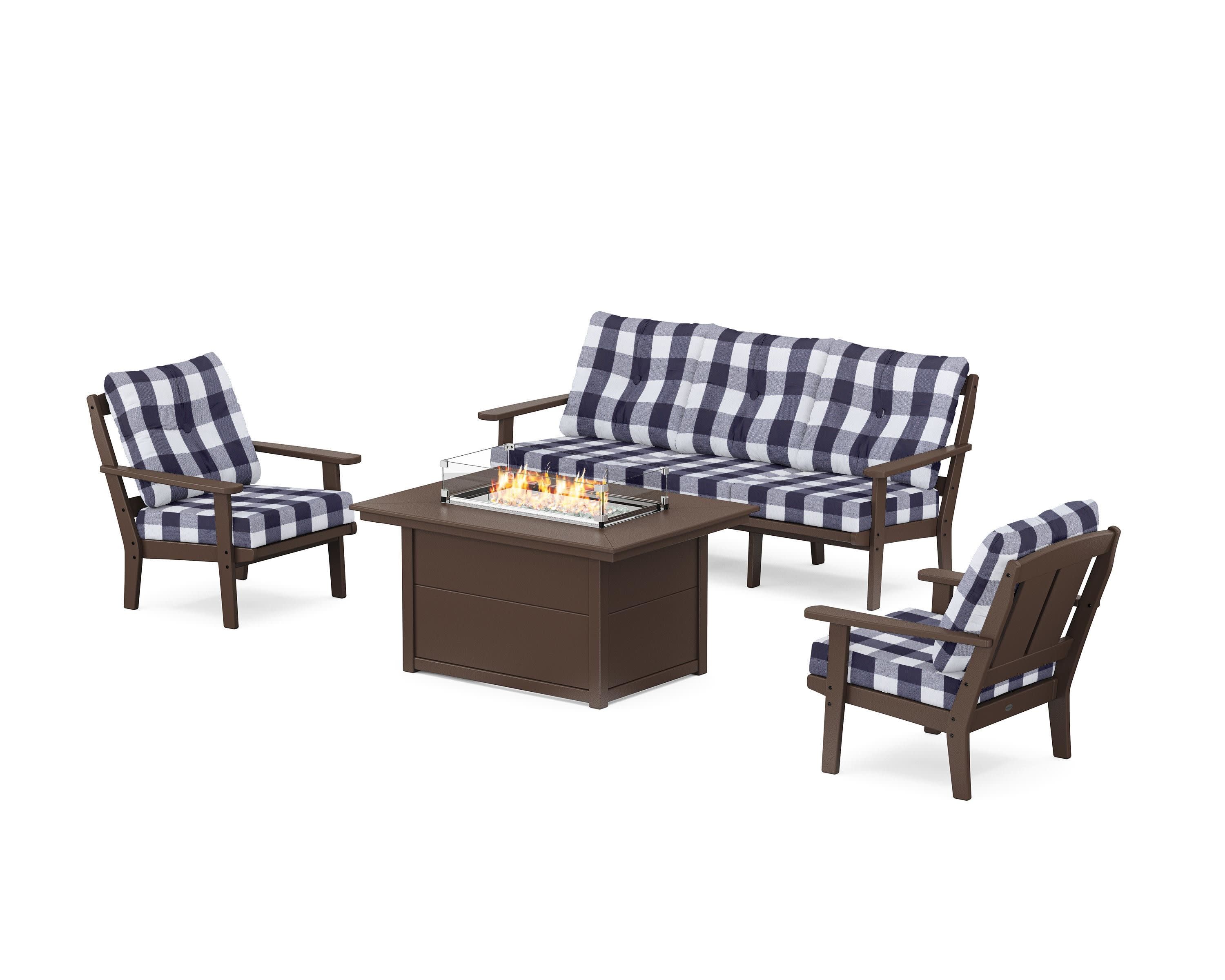 Mission Deep Seating Fire Pit Table Set in Mahogany / Buffalo Plaid Navy