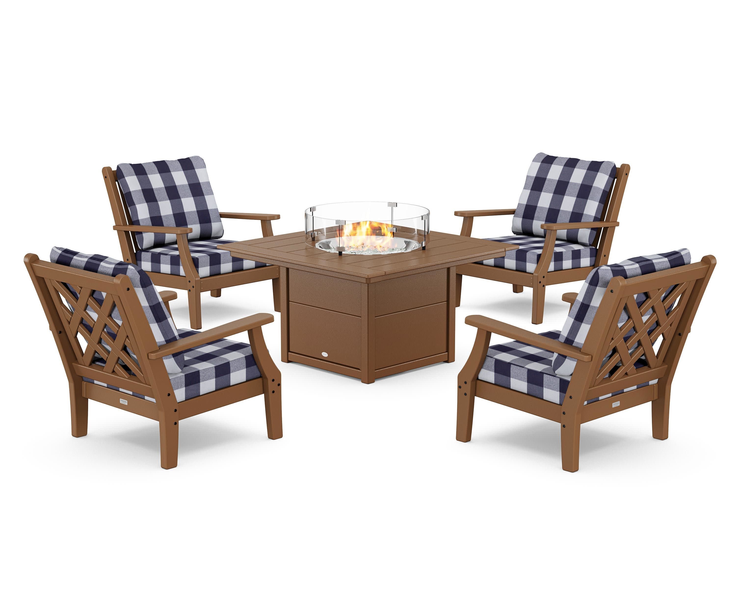 Wovendale 5-Piece Deep Seating Set with Fire Pit Table in Teak / Buffalo Plaid Navy
