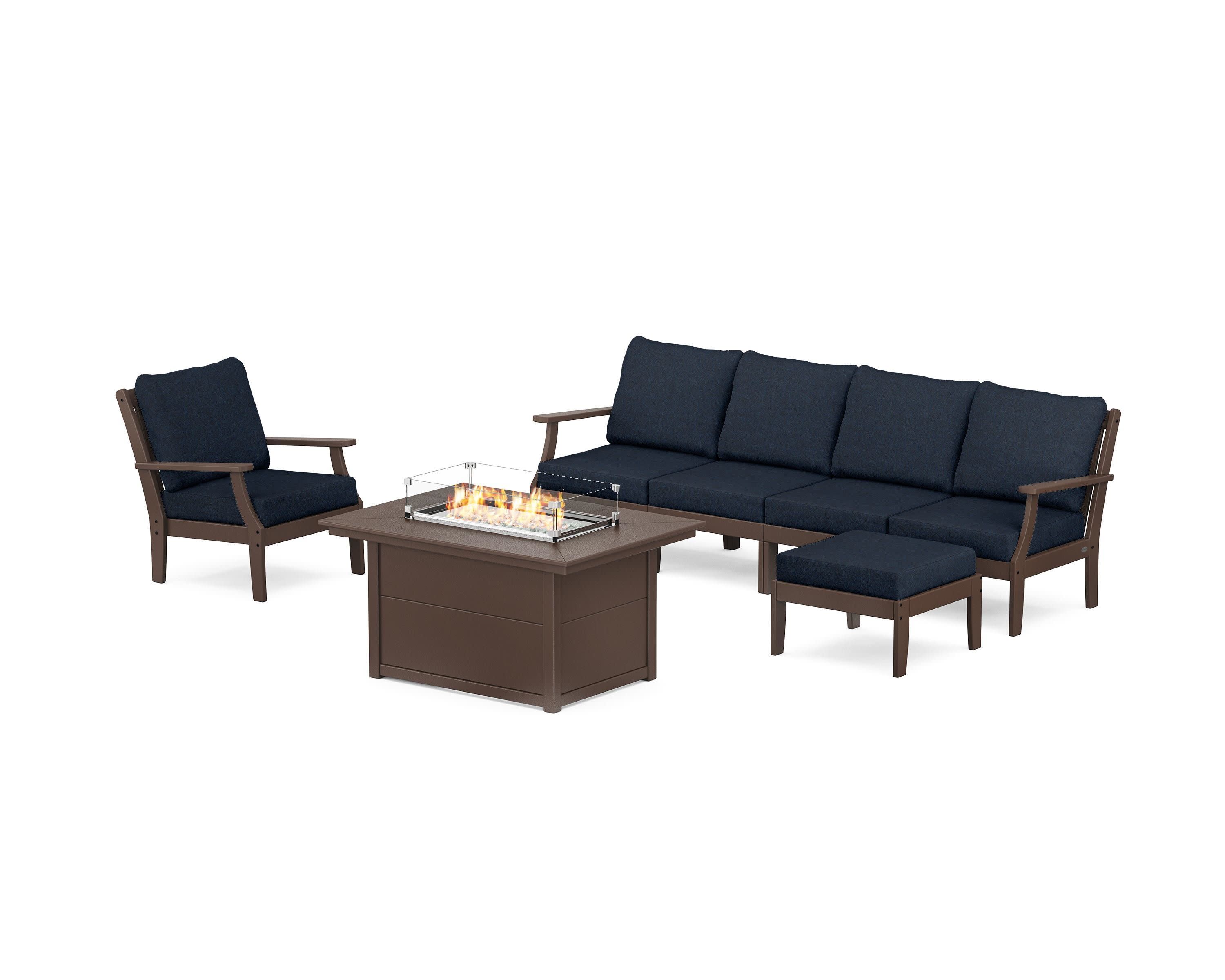 Braxton Sectional Lounge and Fire Pit Set in Mahogany / Marine Indigo