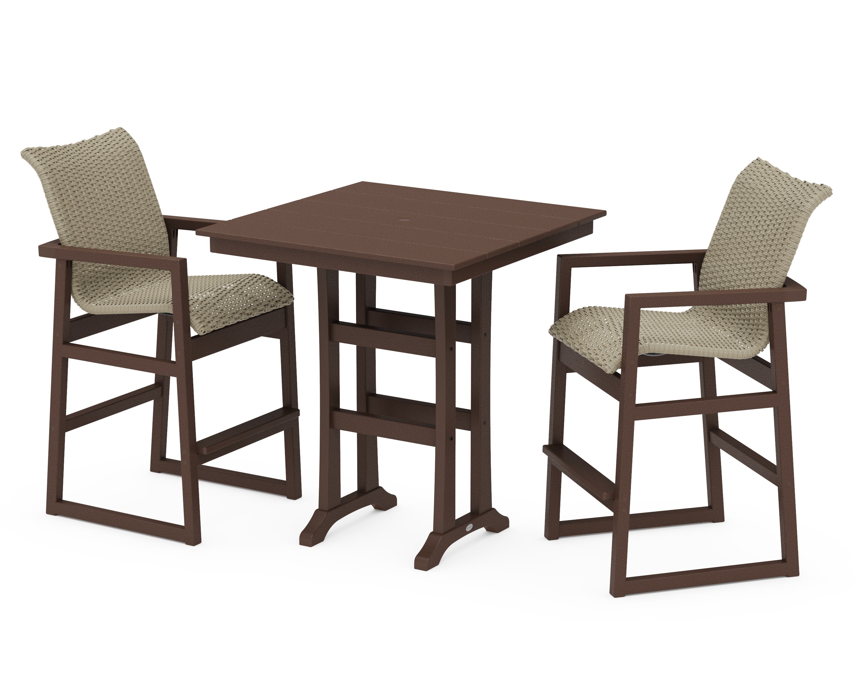 EDGE Woven 3-Piece Farmhouse Bar Set with Trestle Legs in Mahogany / Dune Grass