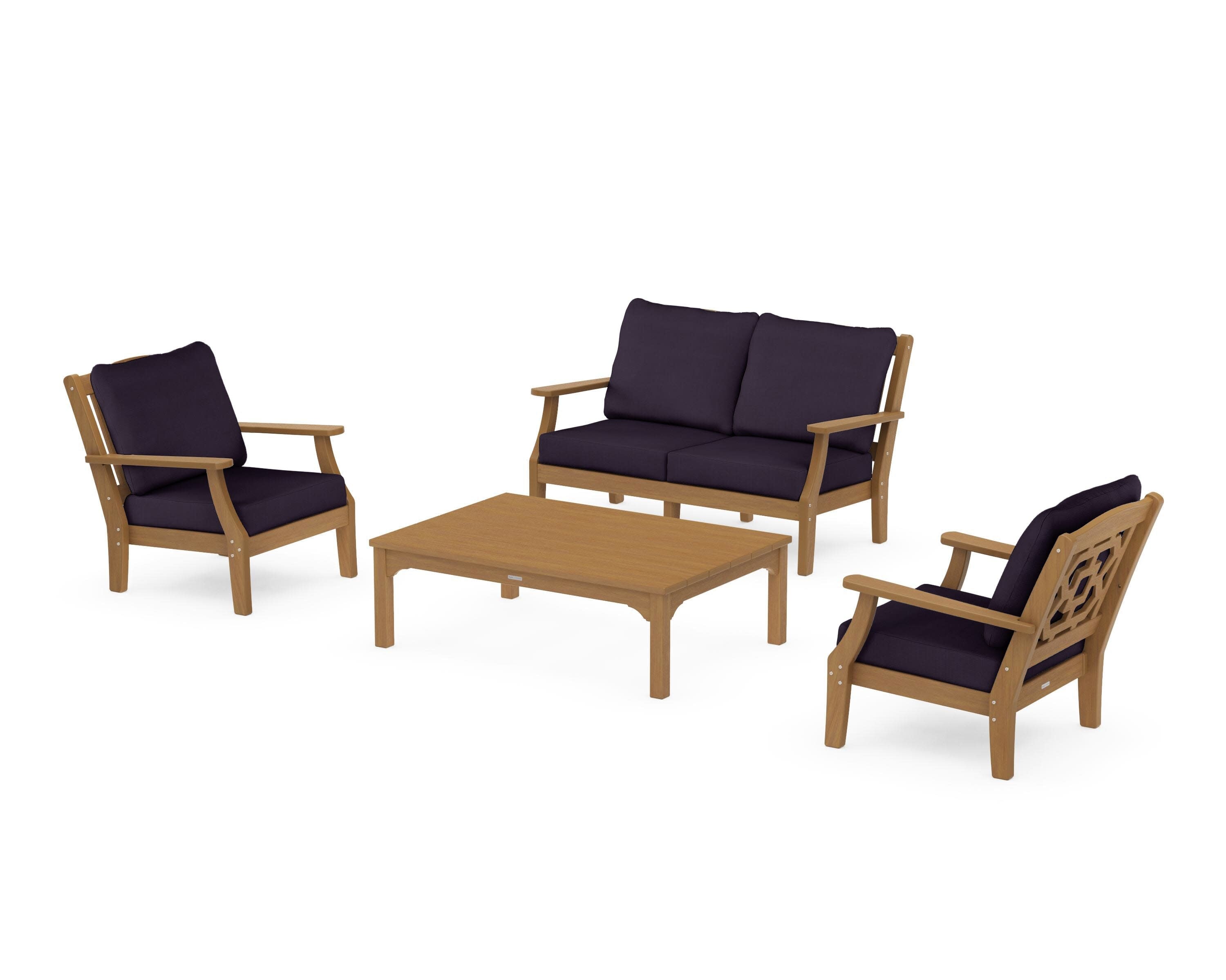 Chinoiserie 4-Piece Deep Seating Set with Loveseat in Natural / Navy Linen