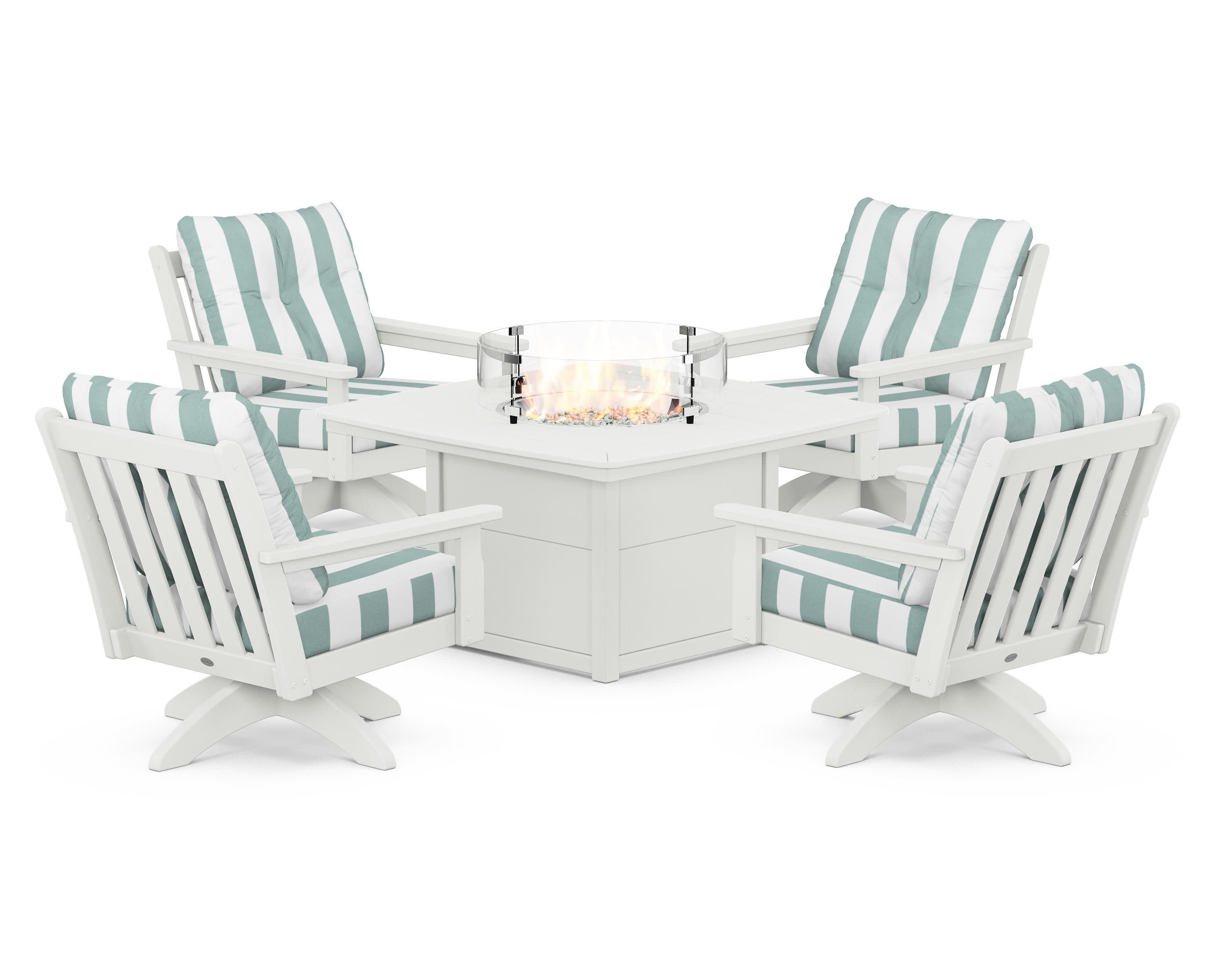 Vineyard 5-Piece Deep Seating Swivel Conversation Set with Fire Pit Table in Vintage White / Cabana Stripe Glacier Spa