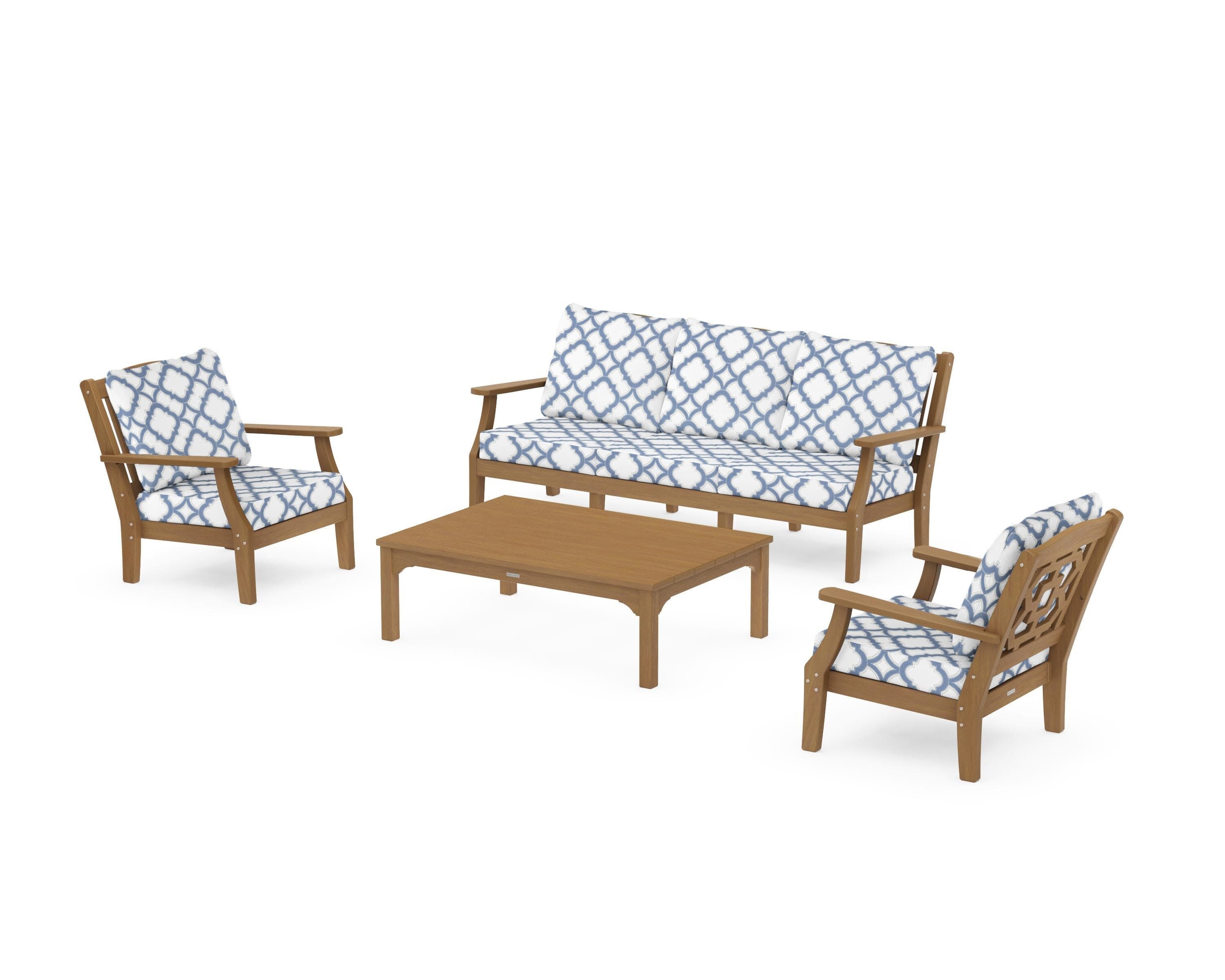 Chinoiserie 4-Piece Deep Seating Set with Sofa in Natural / Trellis Sky Blue