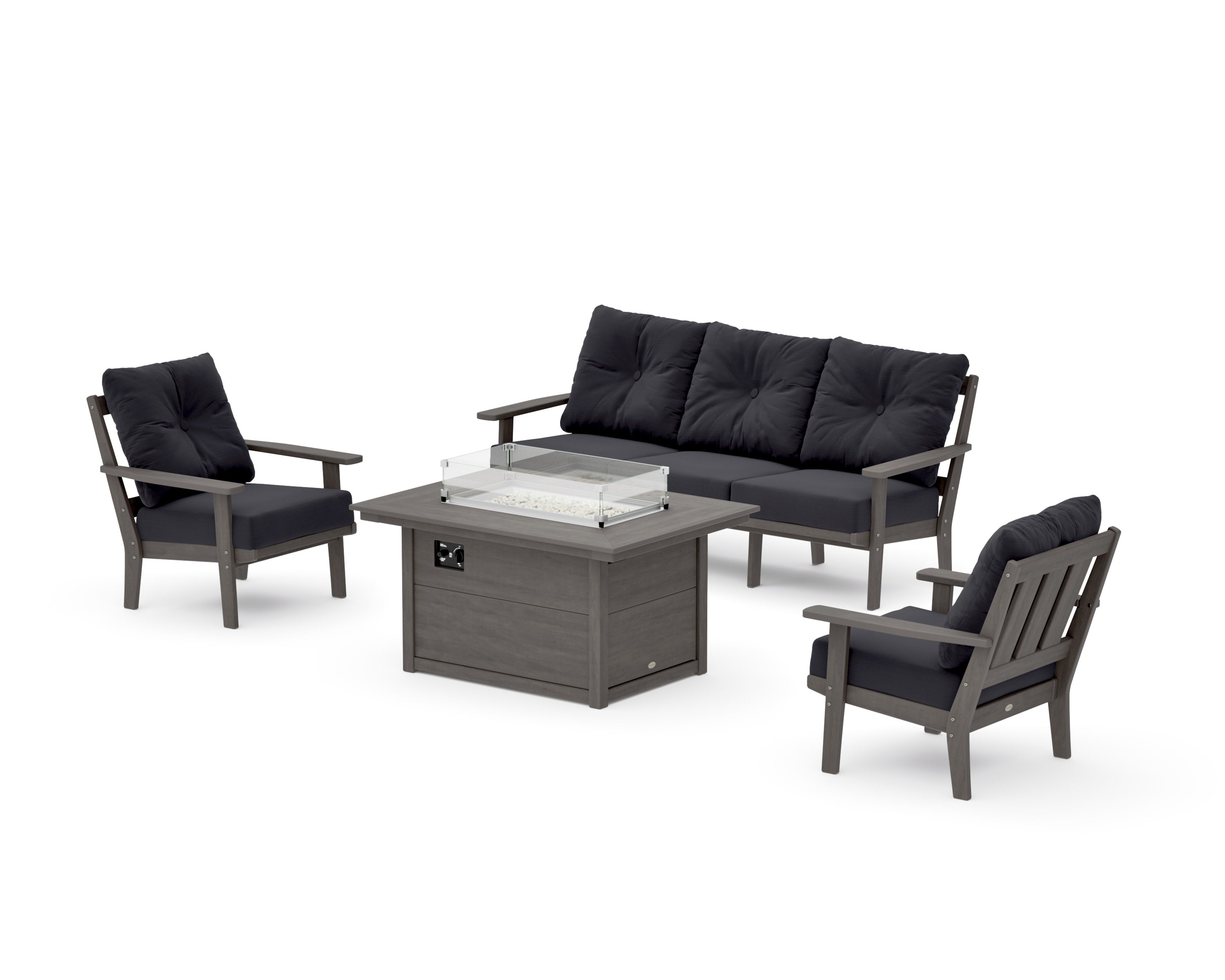 Oxford Deep Seating Fire Pit Table Set in Driftwood / Midnight Linen