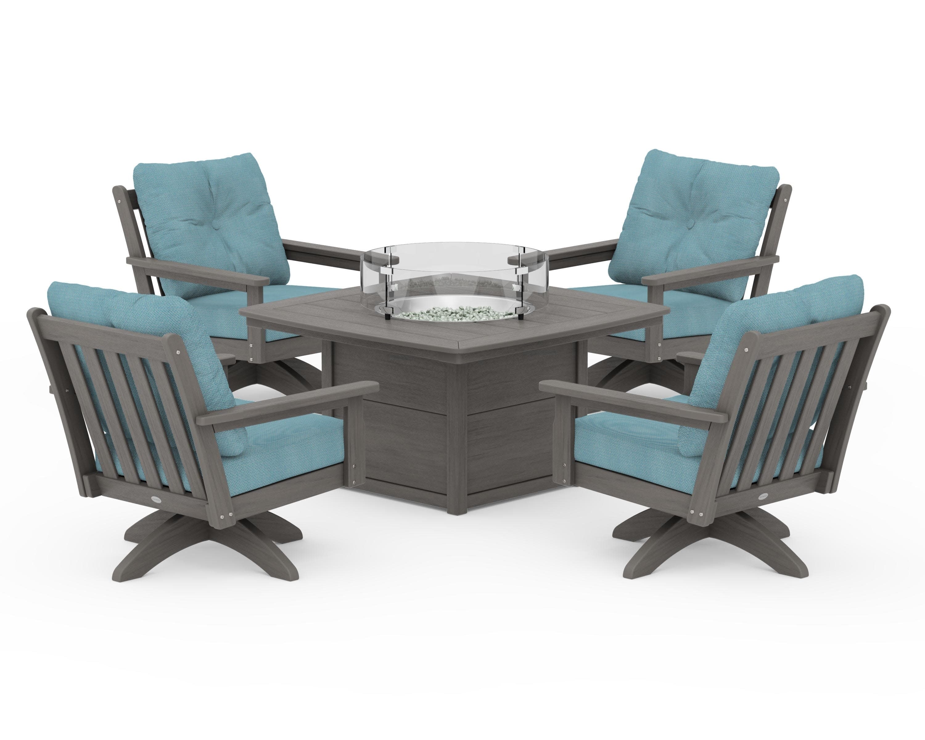 Vineyard 5-Piece Deep Seating Swivel Conversation Set with Fire Pit Table in Driftwood / Lattice Sky Blue
