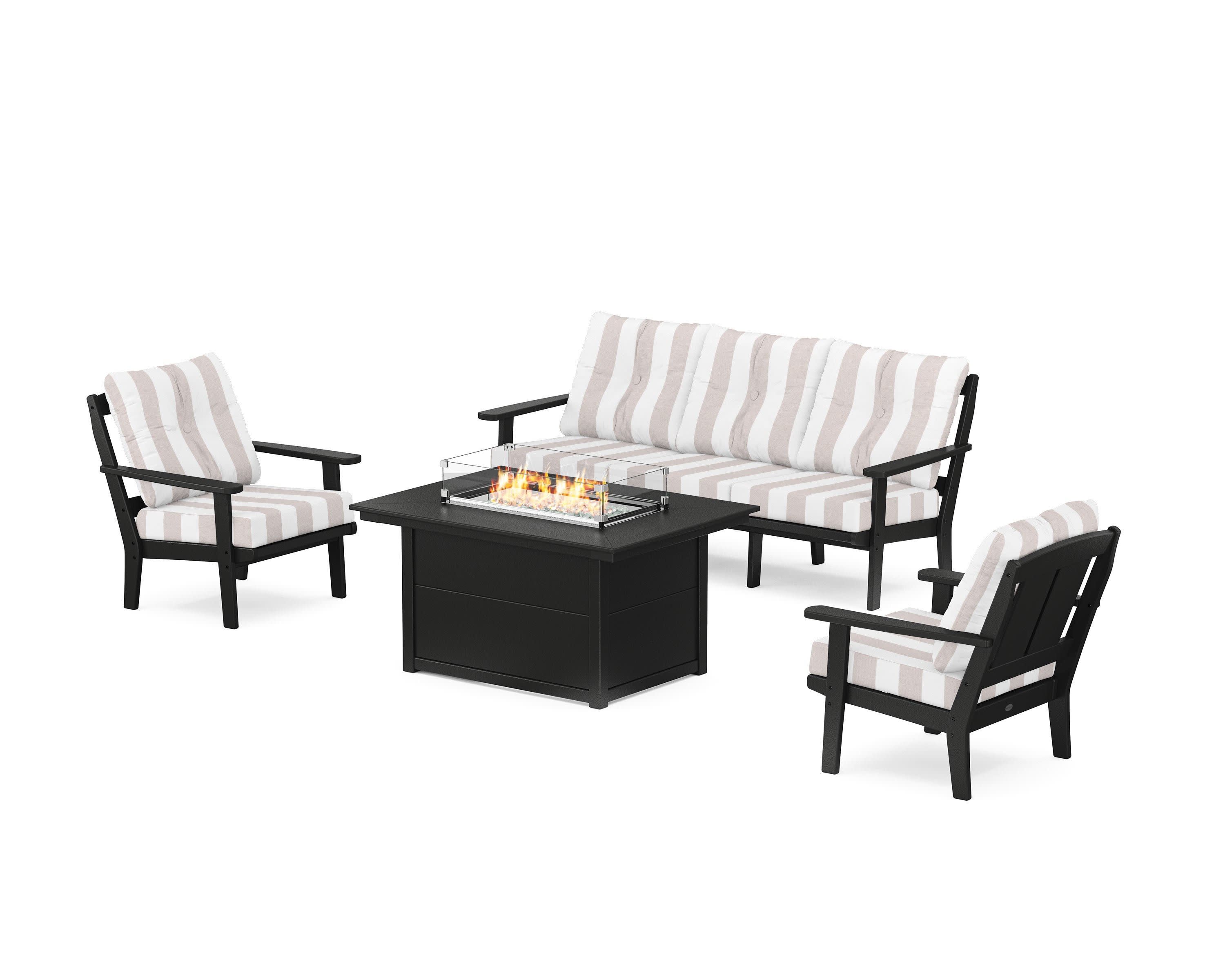 Mission Deep Seating Fire Pit Table Set in Black / Cabana Stripe Dune Burlap