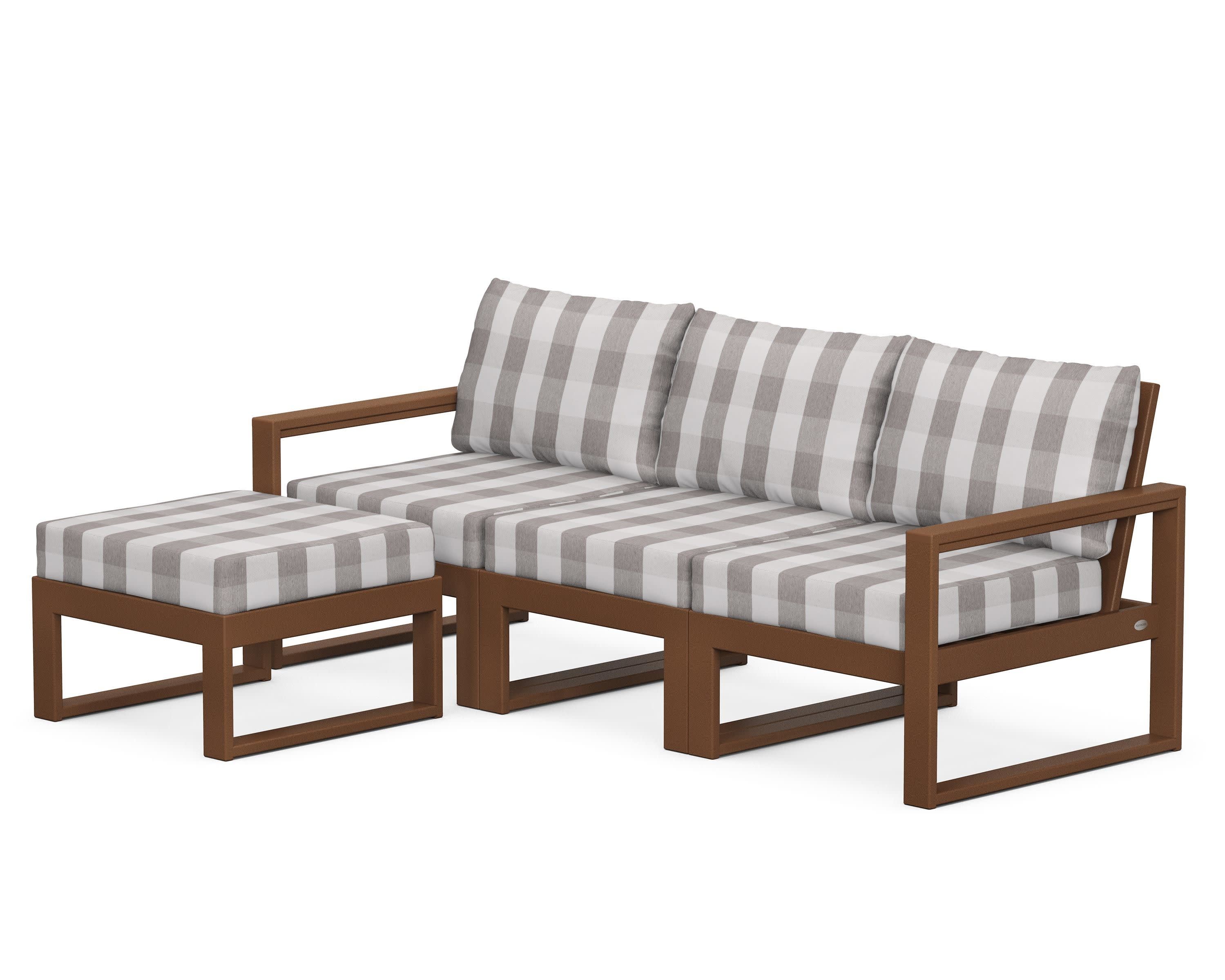 EDGE 4-Piece Modular Deep Seating Set with Ottoman in Teak / Buffalo Plaid Grey Mist