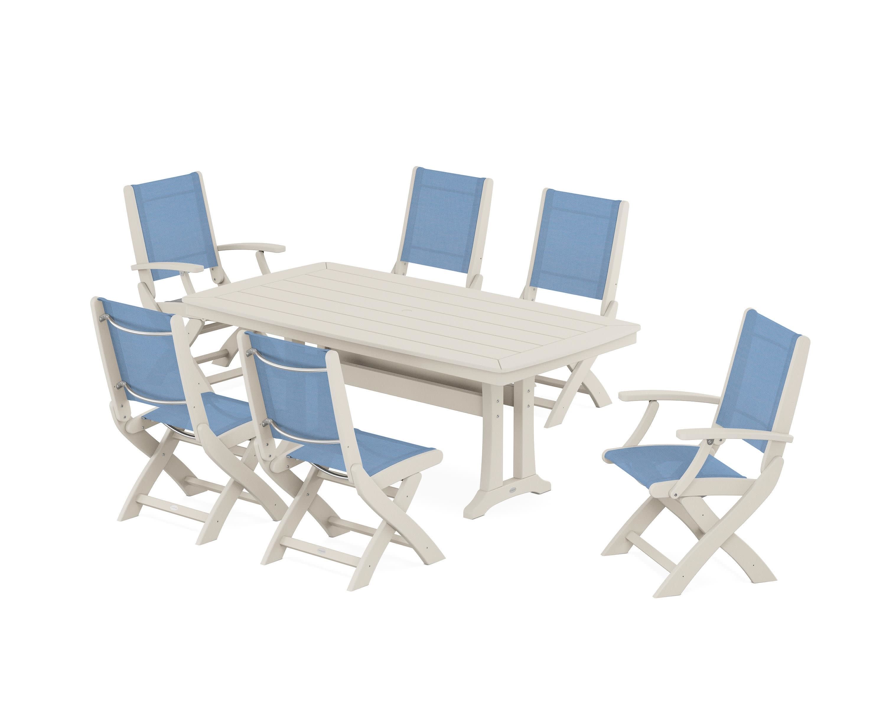 Coastal Folding Chair 7-Piece Dining Set with Trestle Legs in Sand / Poolside Sling