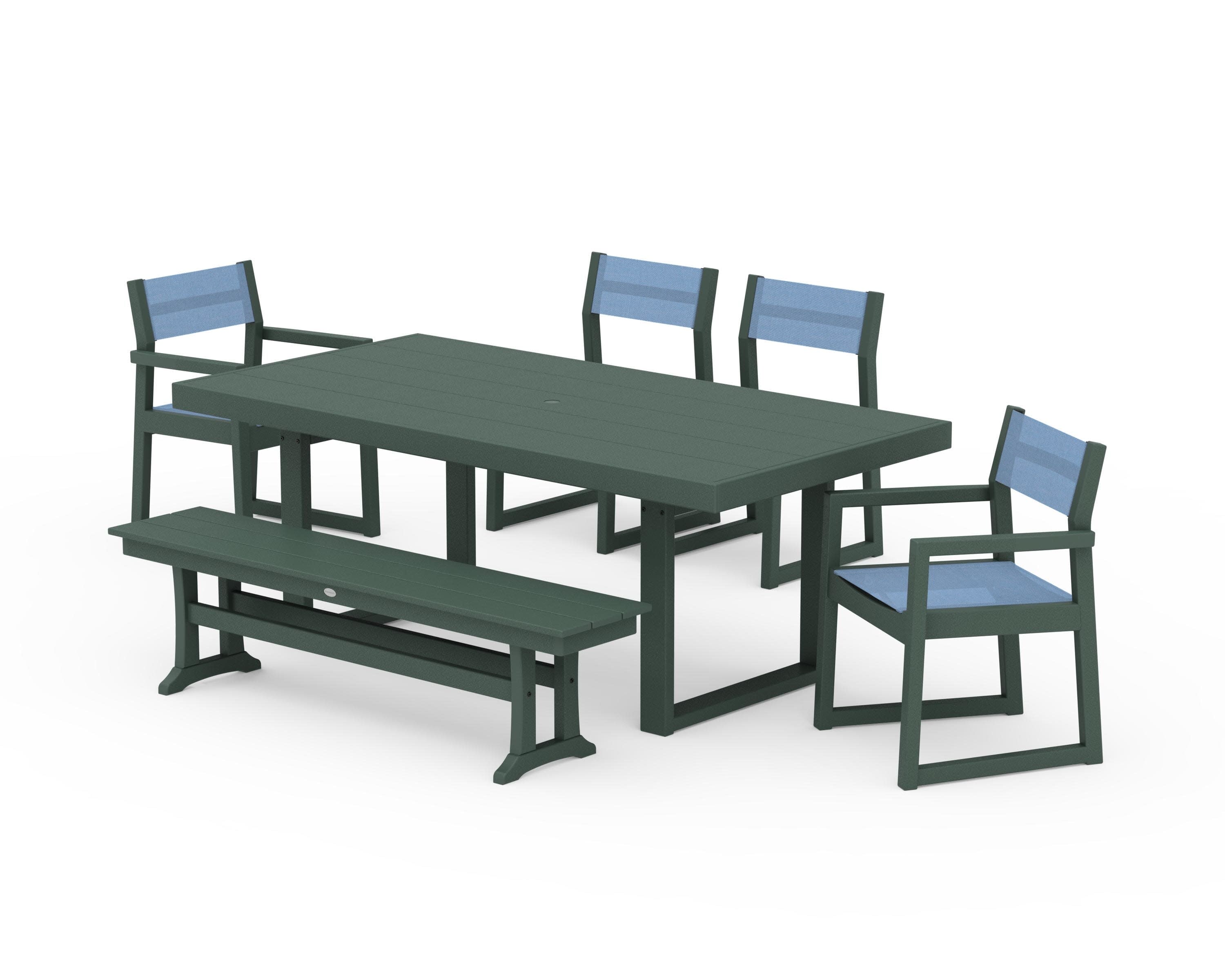 EDGE Sling 6-Piece Dining Set with Bench in Green / Poolside Sling