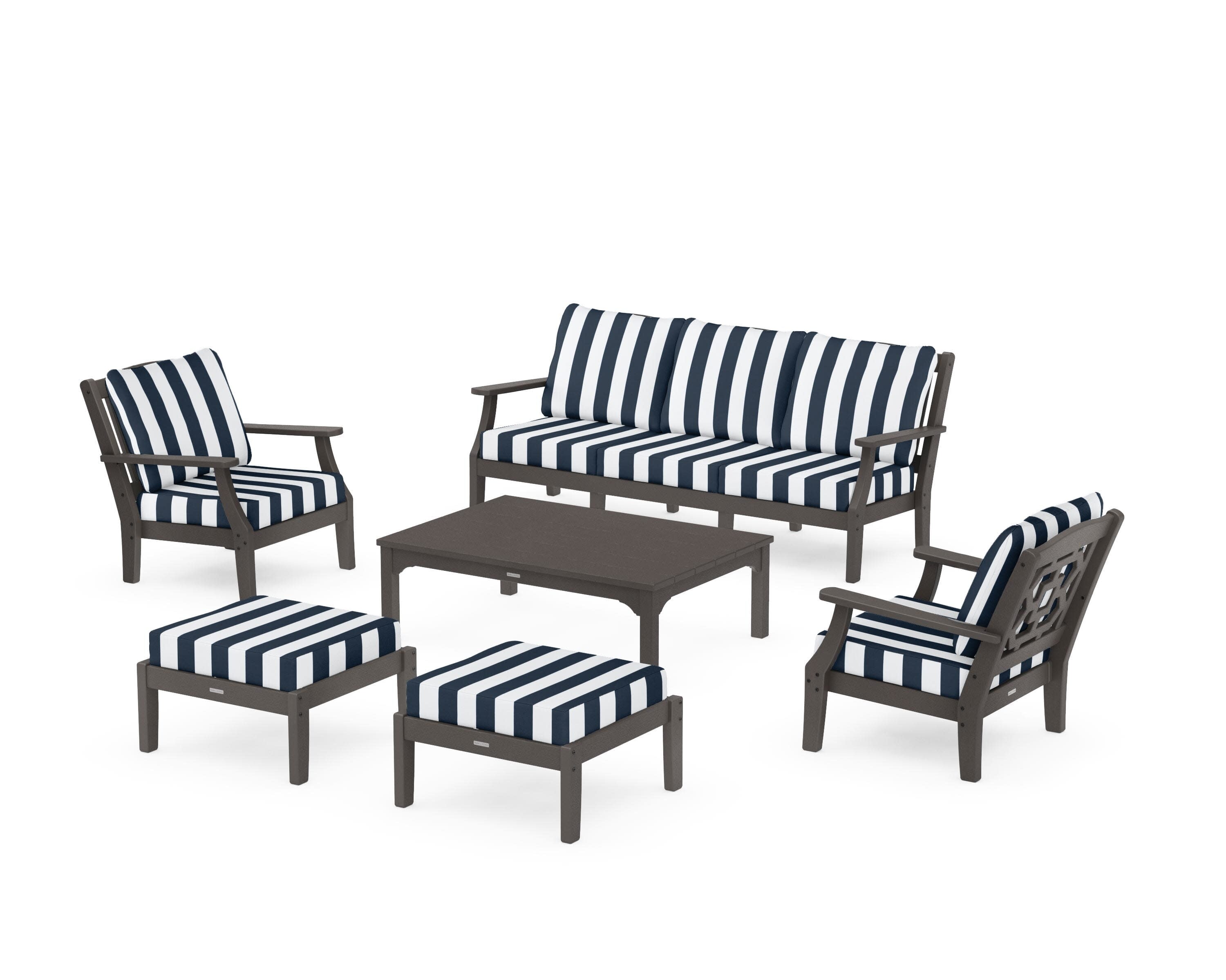 Chinoiserie 6-Piece Lounge Sofa Set in Vintage Coffee / Cabana Stripe Marine Indigo