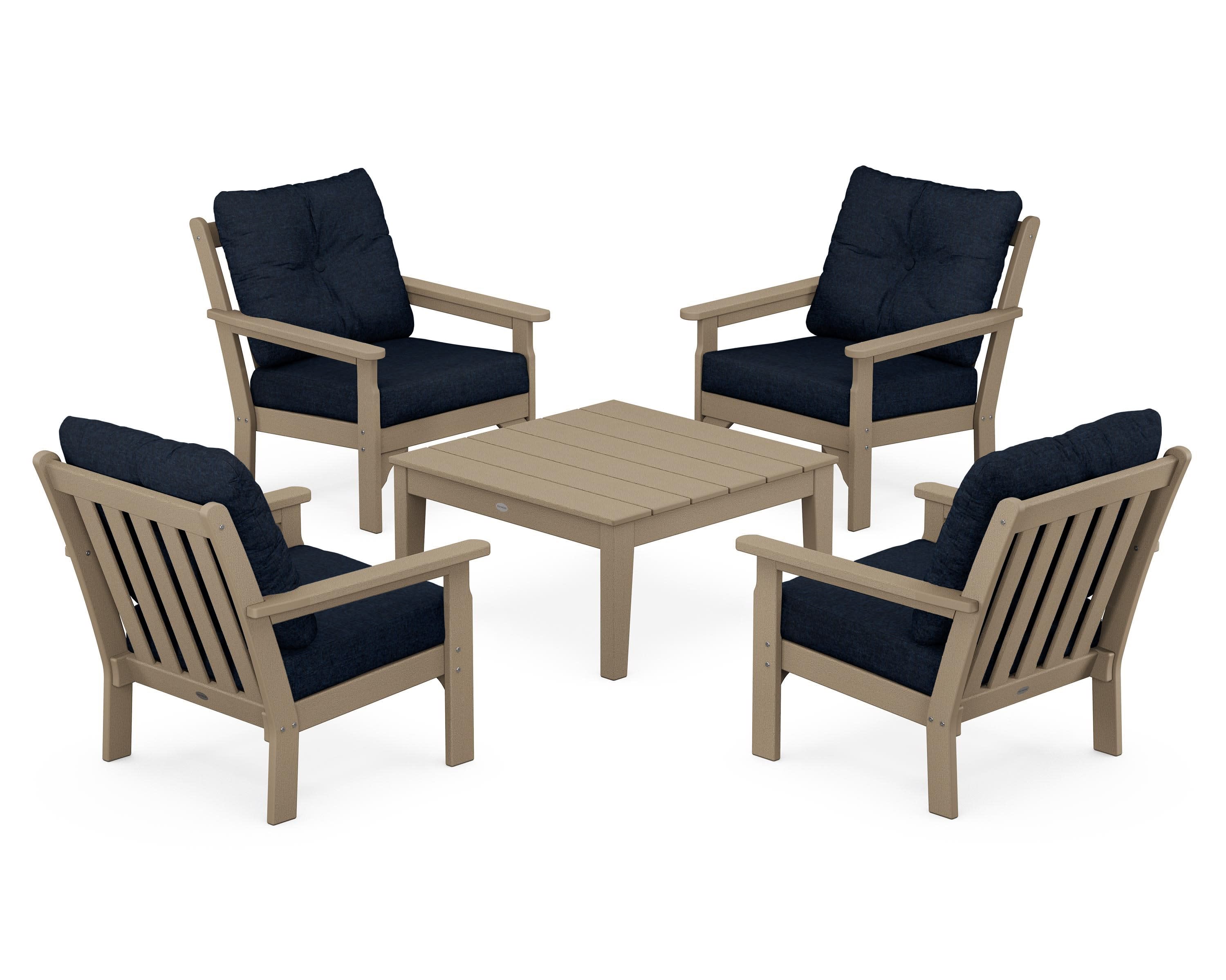 Vineyard 5-Piece Deep Seating Conversation Set in Vintage Sahara / Marine Indigo