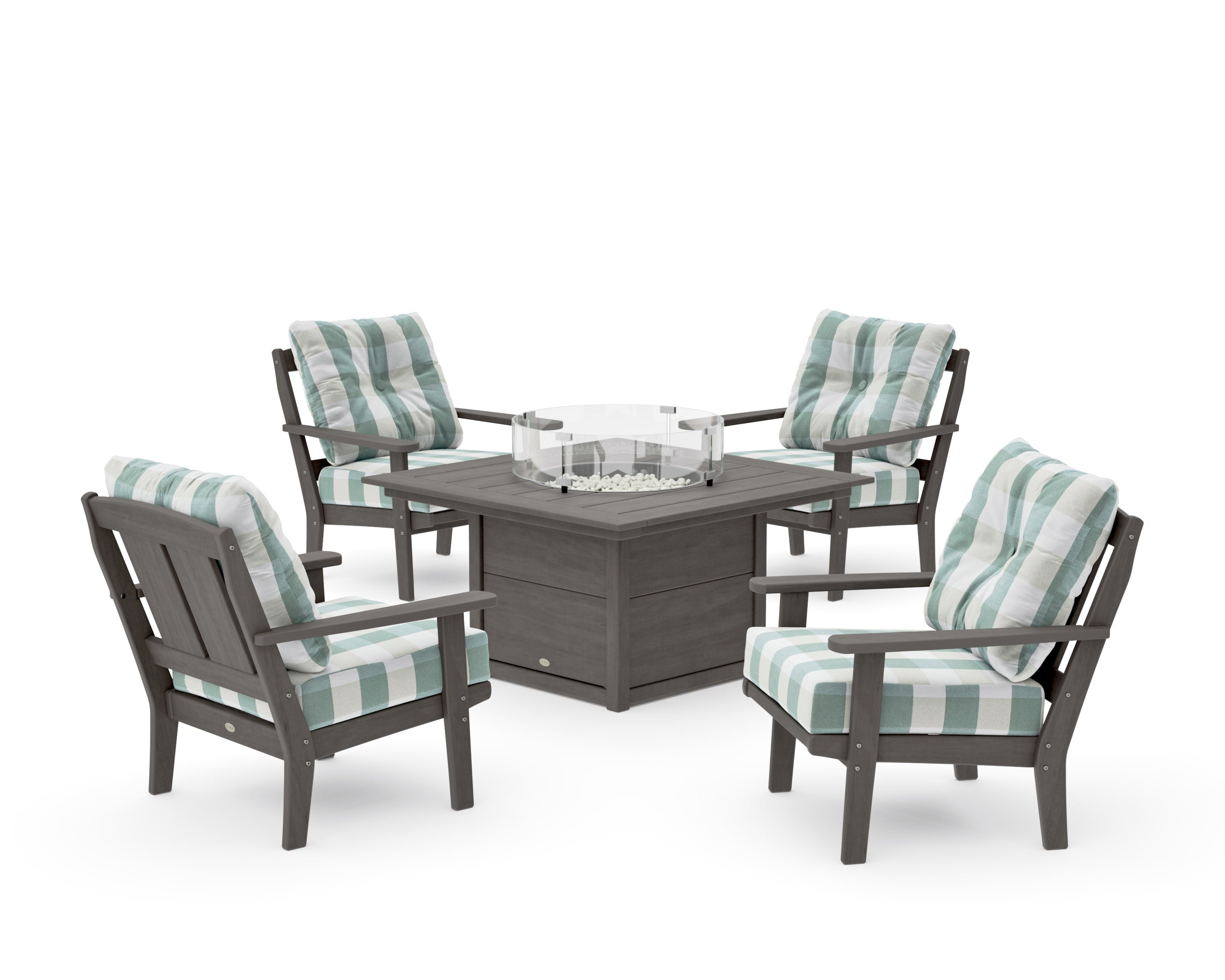 Mission 5-Piece Deep Seating Set with Fire Pit Table in Driftwood / Buffalo Plaid Glacier Spa