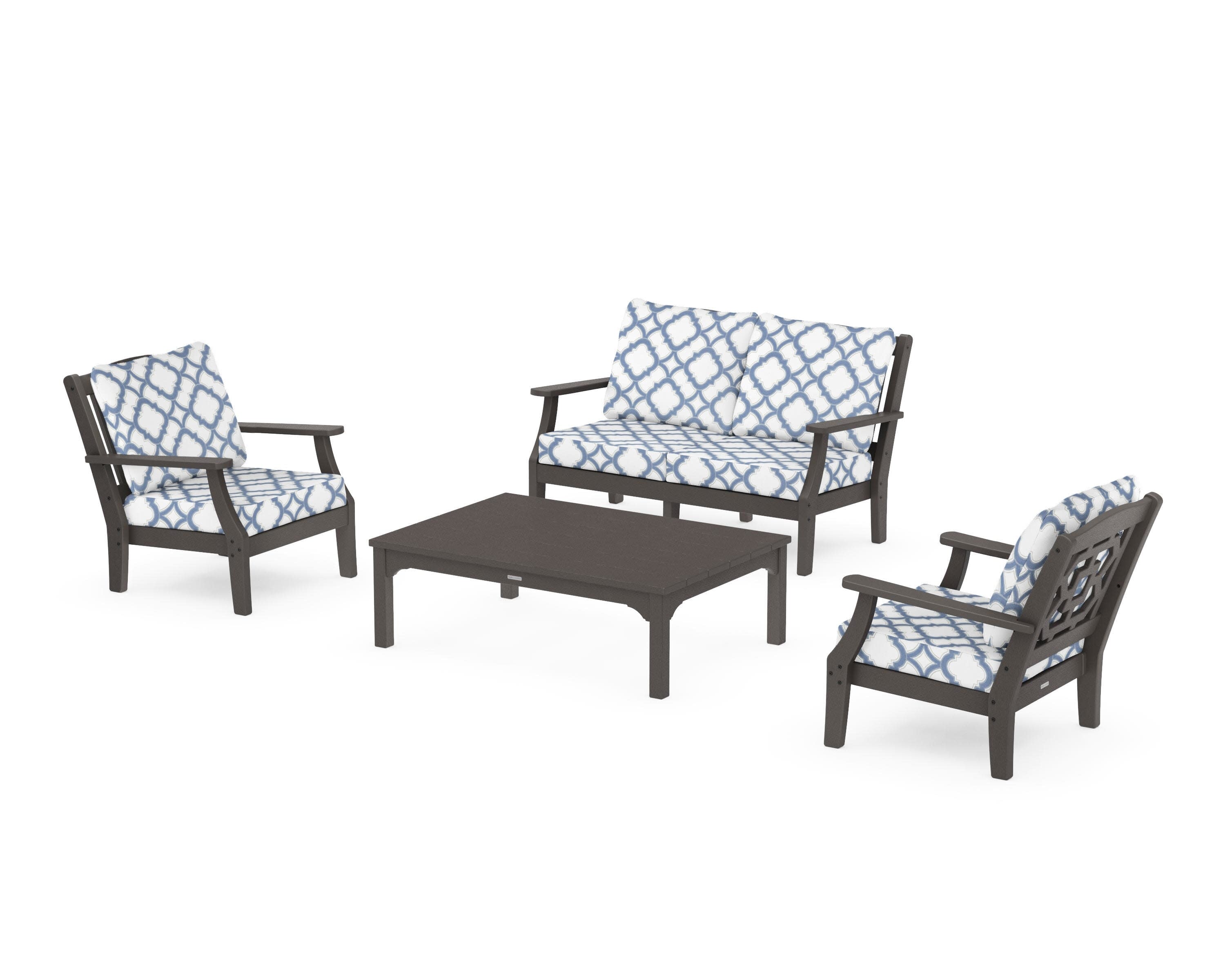 Chinoiserie 4-Piece Deep Seating Set with Loveseat in Vintage Coffee / Trellis Sky Blue