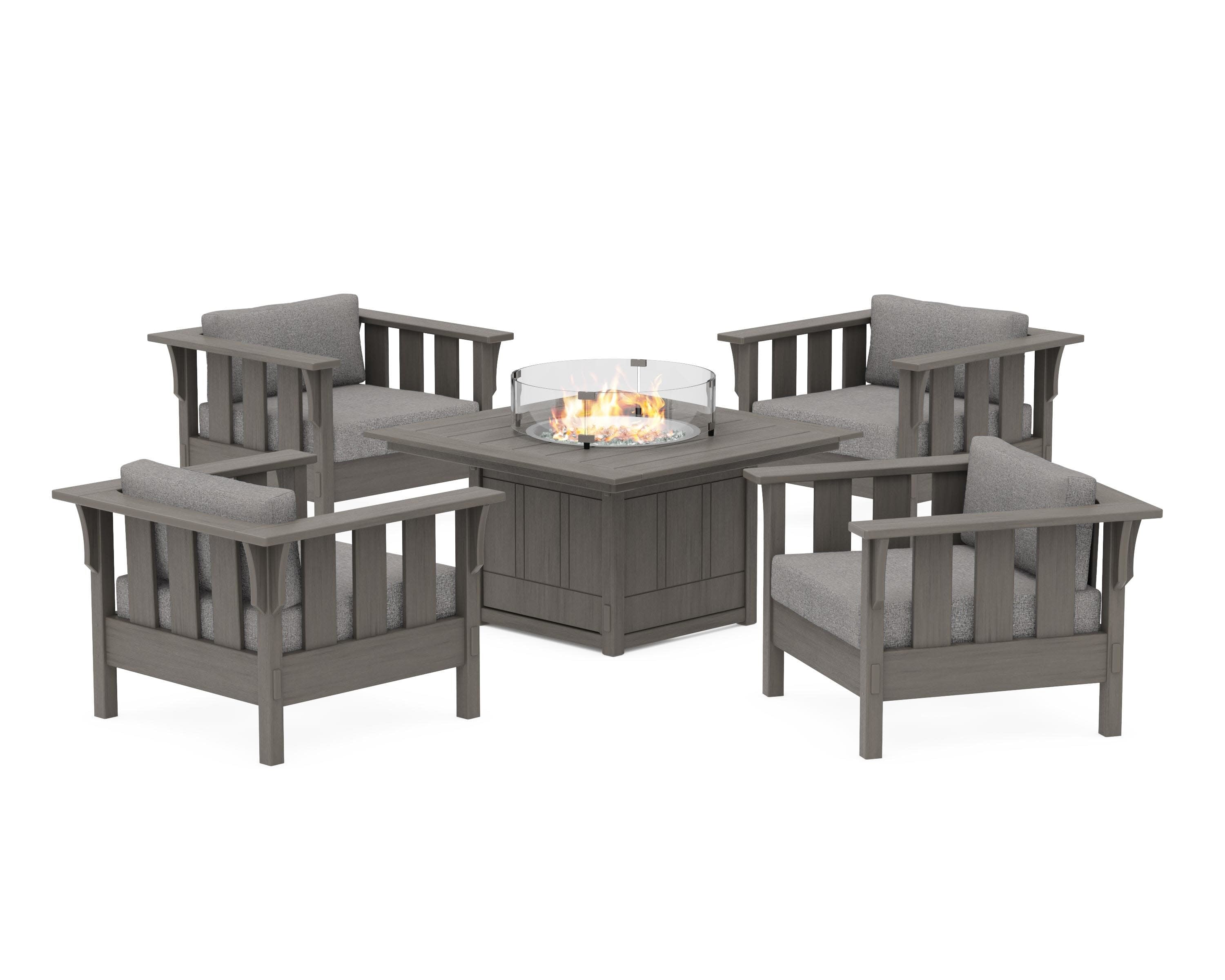 Acadia 5-Piece Deep Seating Set with Fire Pit Table in Driftwood / Grey Mist