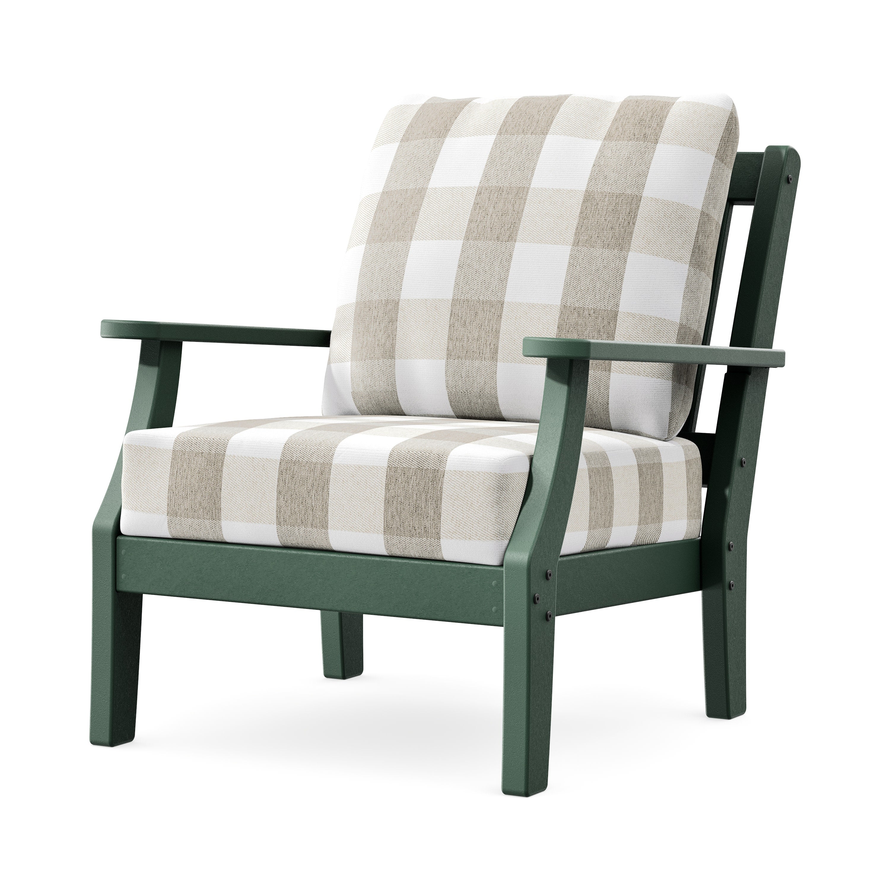 Chinoiserie Deep Seating Chair in Green / Buffalo Plaid Dune Burlap