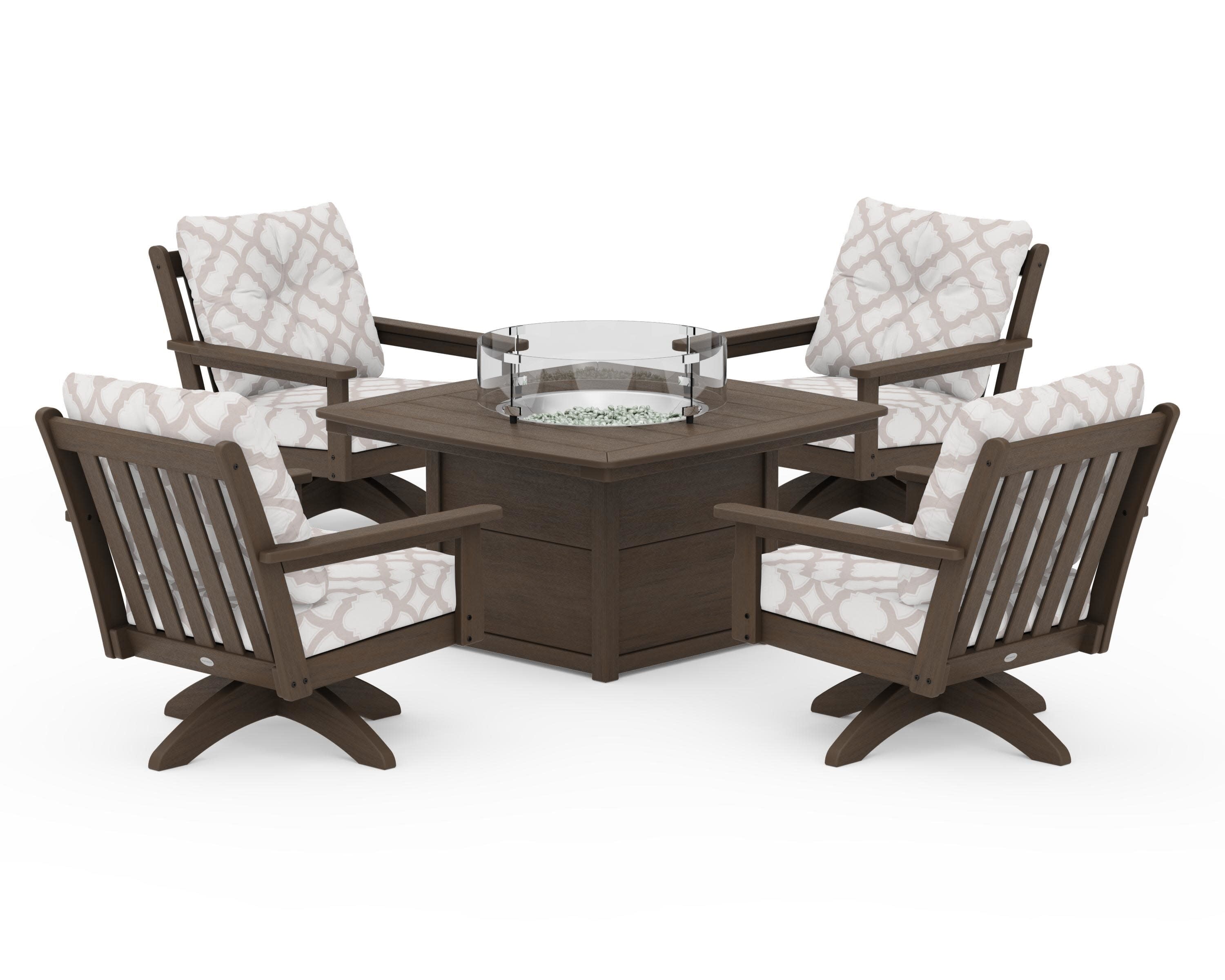 Vineyard 5-Piece Deep Seating Swivel Conversation Set with Fire Pit Table in Kona / Trellis Dune Burlap