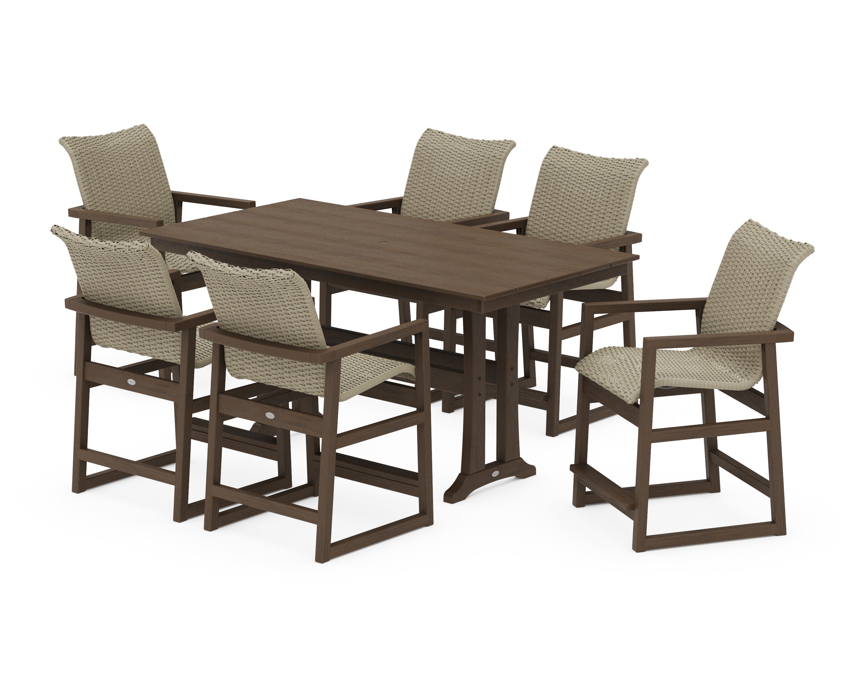EDGE Woven Arm Chair 7-Piece Farmhouse Counter Set with Trestle Legs in Kona / Dune Grass