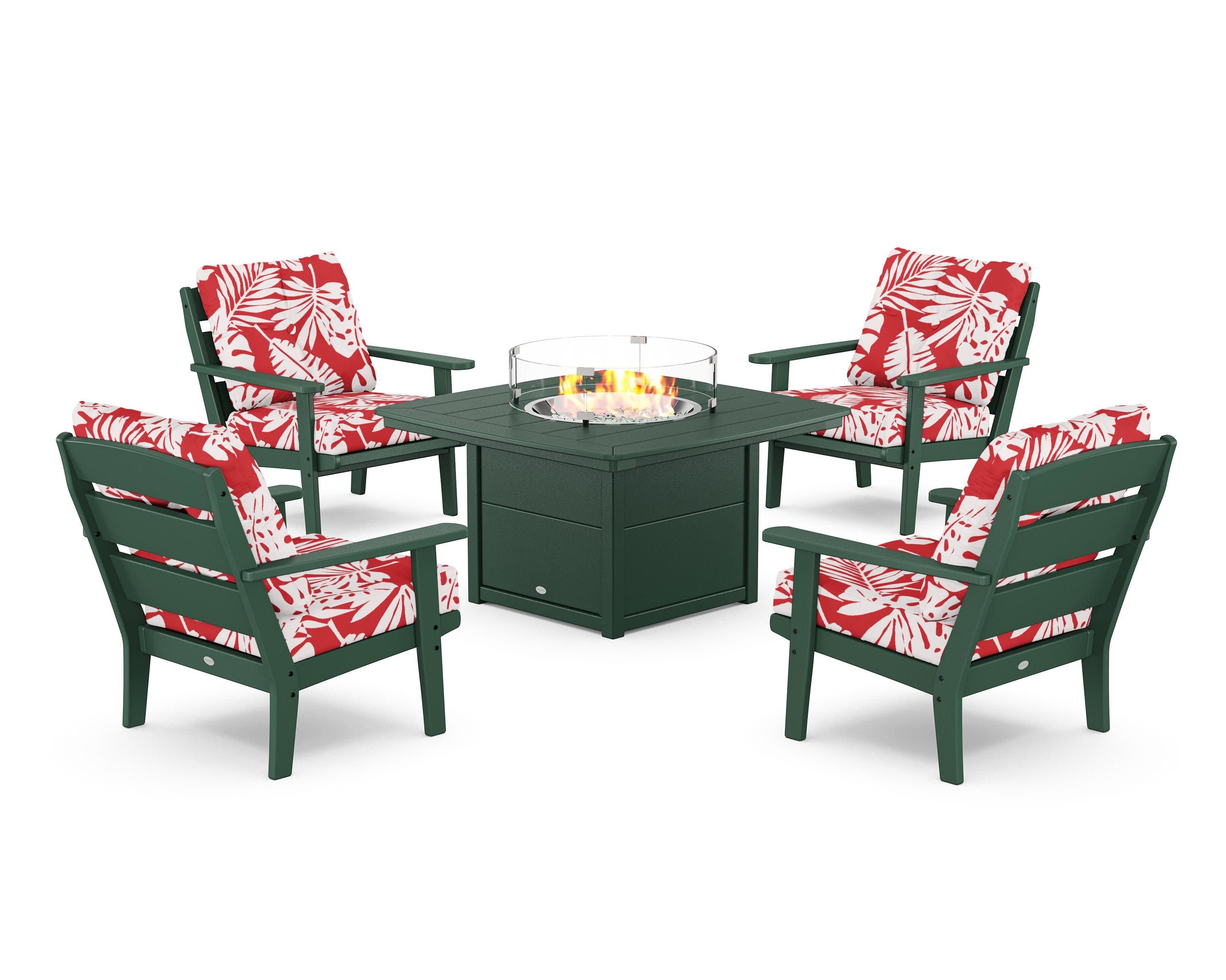 Lakeside 5-Piece Deep Seating Set with Nautical Fire Pit Table in Green / Leaf Crimson