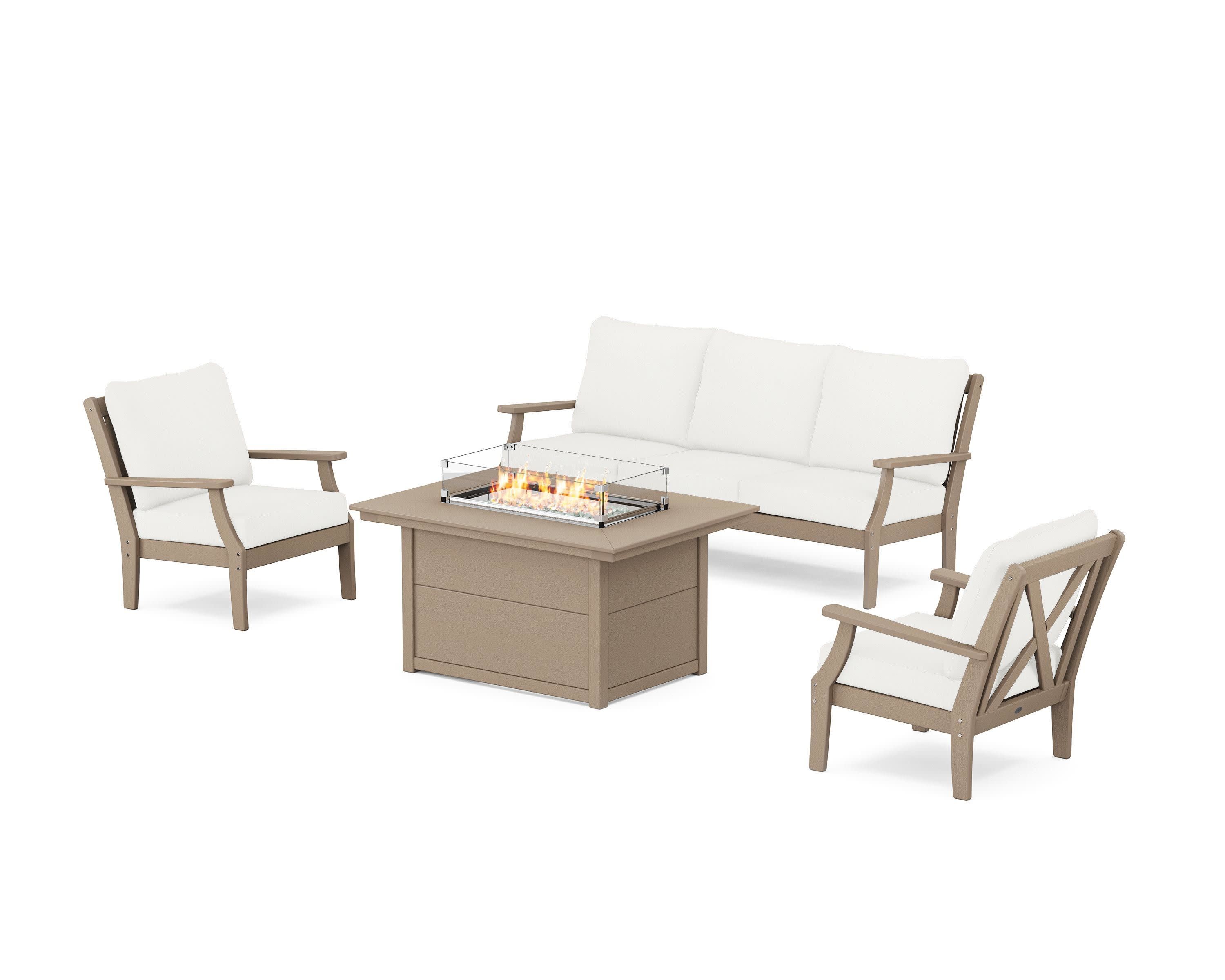 Braxton Deep Seating Fire Pit Table Set in Vintage Sahara / Natural Linen
