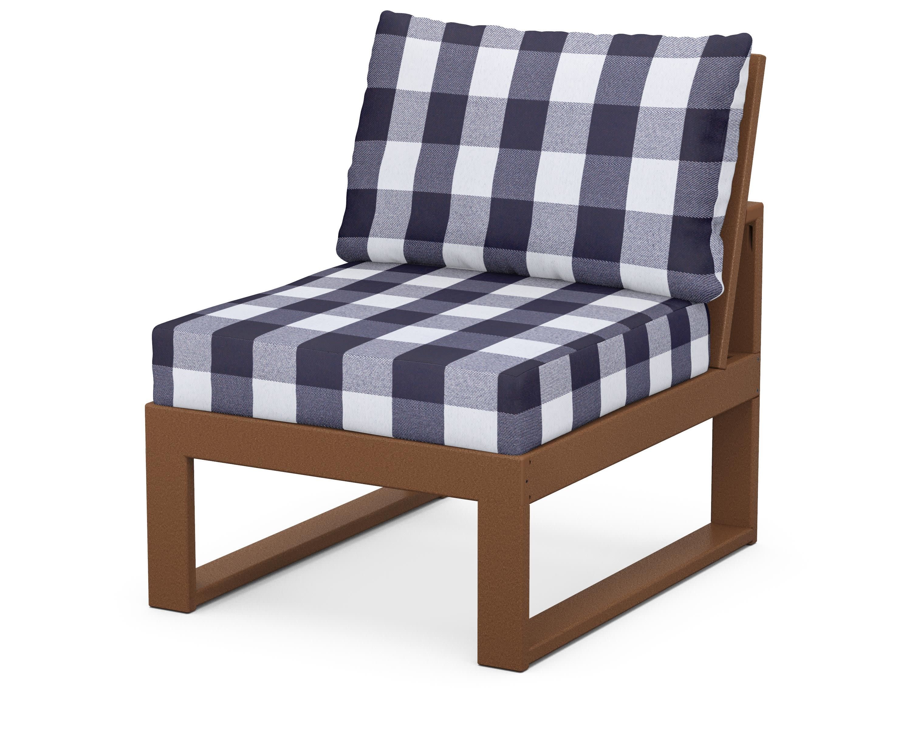 Modular Armless Chair in Teak / Buffalo Plaid Navy