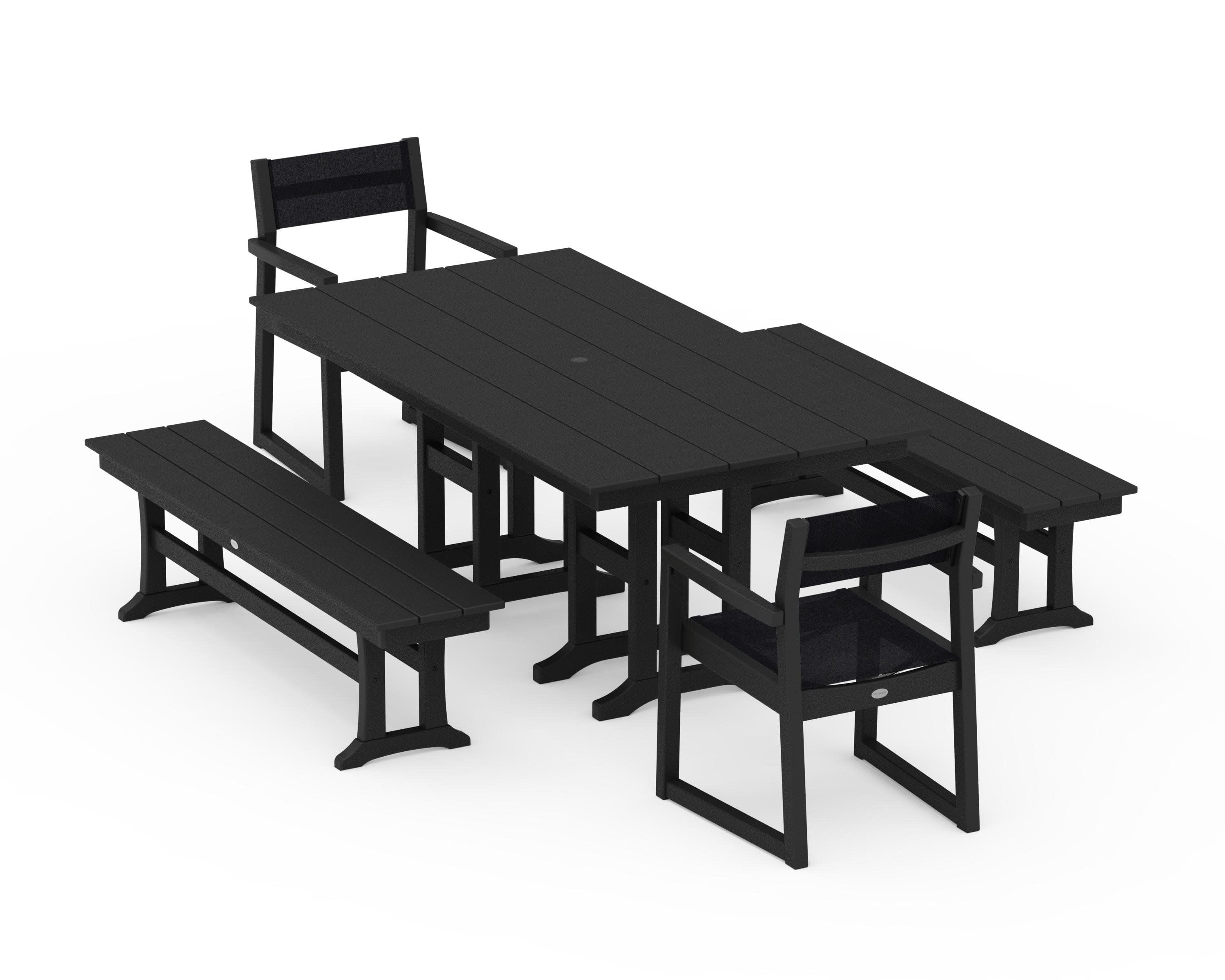 EDGE Sling Arm Chair 5-Piece Farmhouse Dining Set with Benches in Black / Black Sling