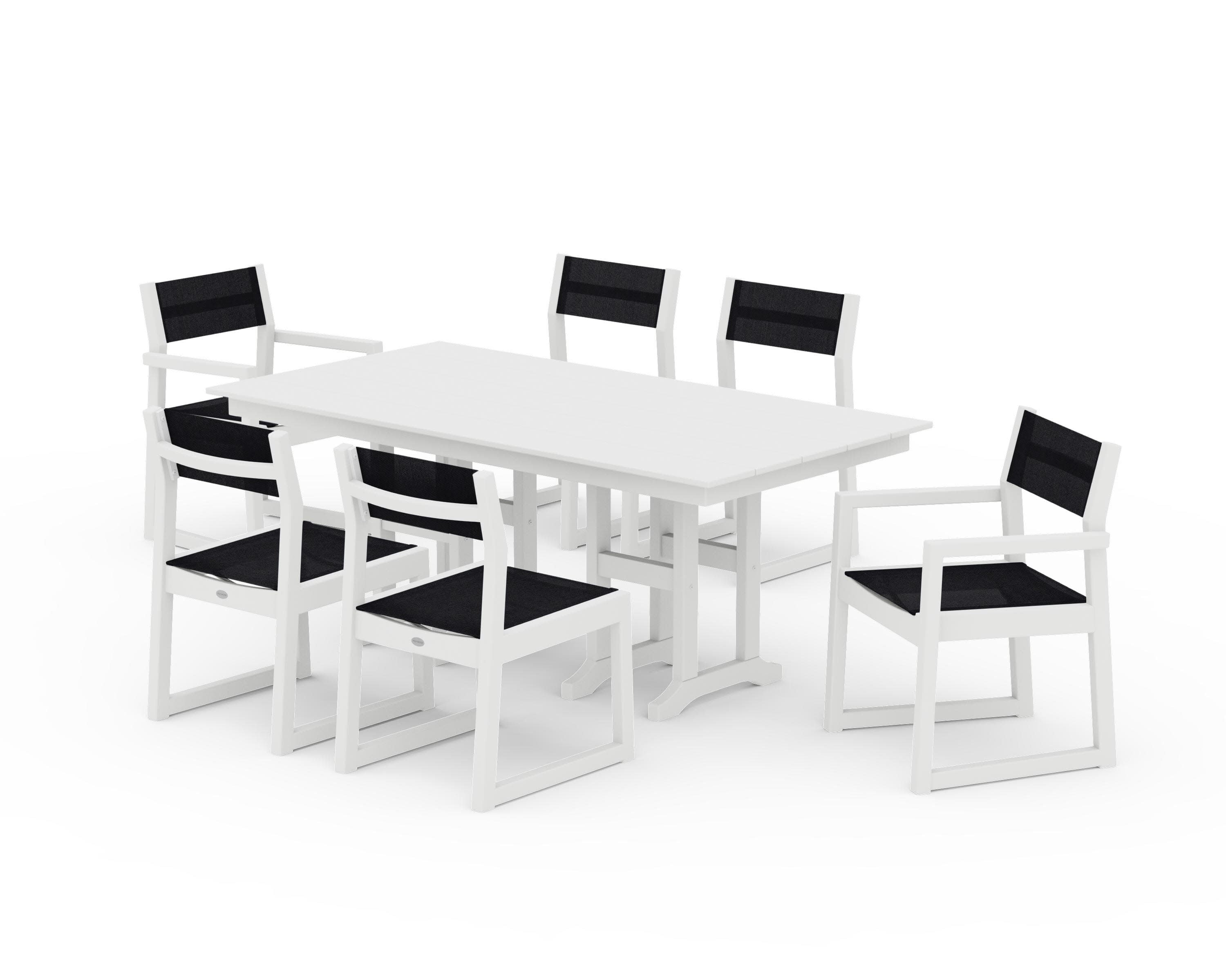 EDGE Sling 7-Piece Farmhouse Dining Set in White / Black Sling
