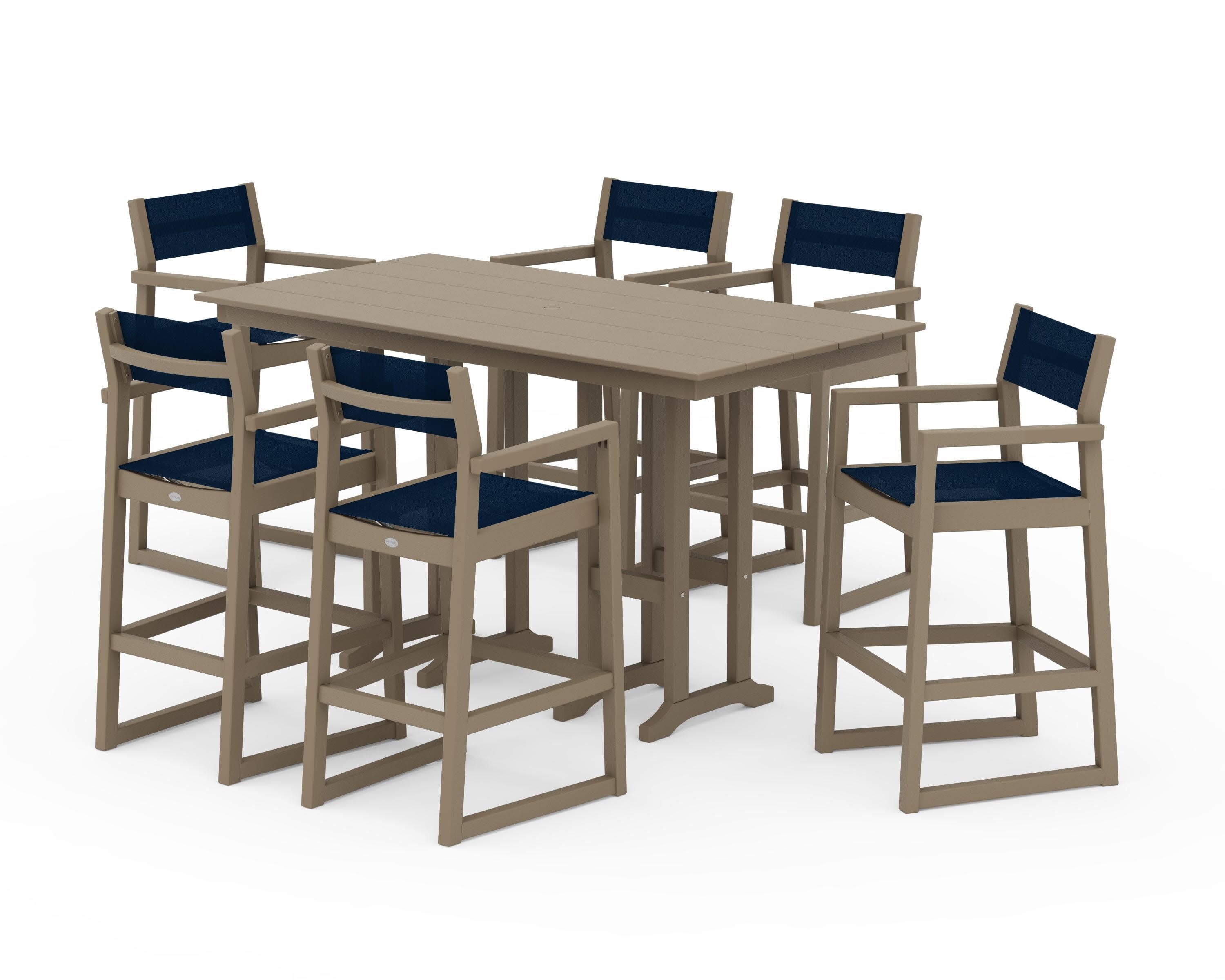 EDGE Sling Arm Chair 7-Piece Farmhouse Bar Set in Vintage Sahara / Navy Blue Sling