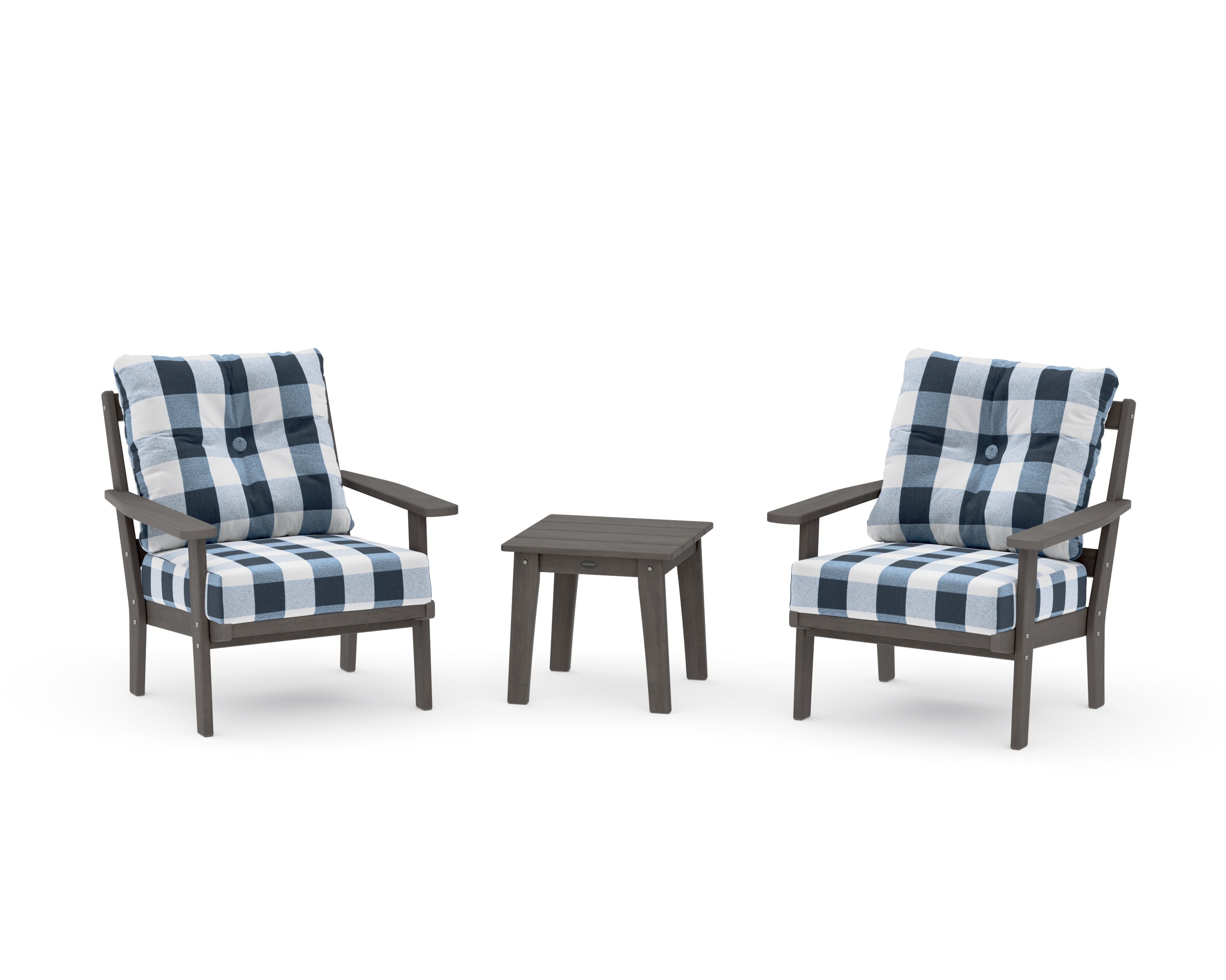 Oxford 3-Piece Deep Seating Set in Driftwood / Buffalo Plaid Marine Indigo