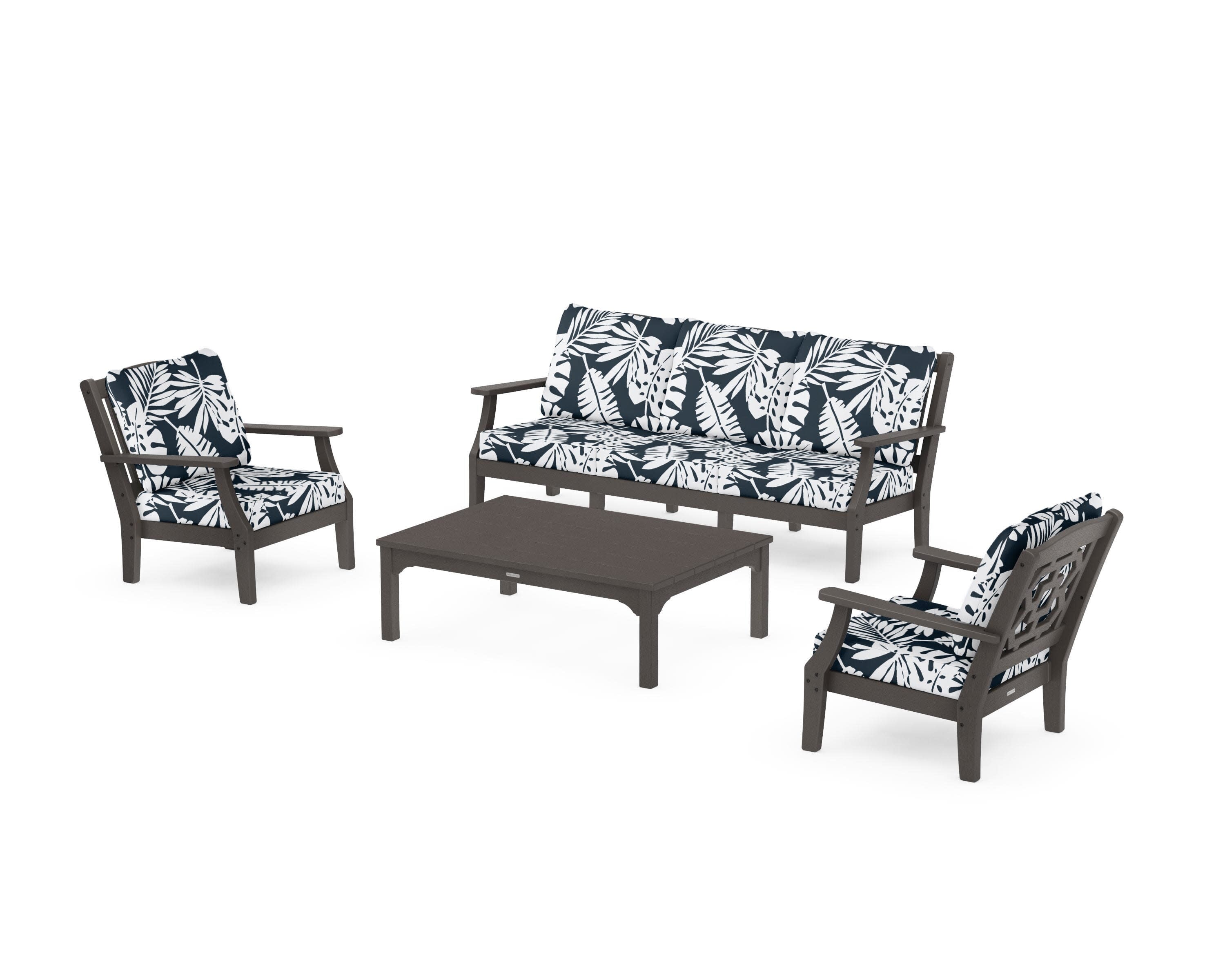 Chinoiserie 4-Piece Deep Seating Set with Sofa in Vintage Coffee / Leaf Marine Indigo