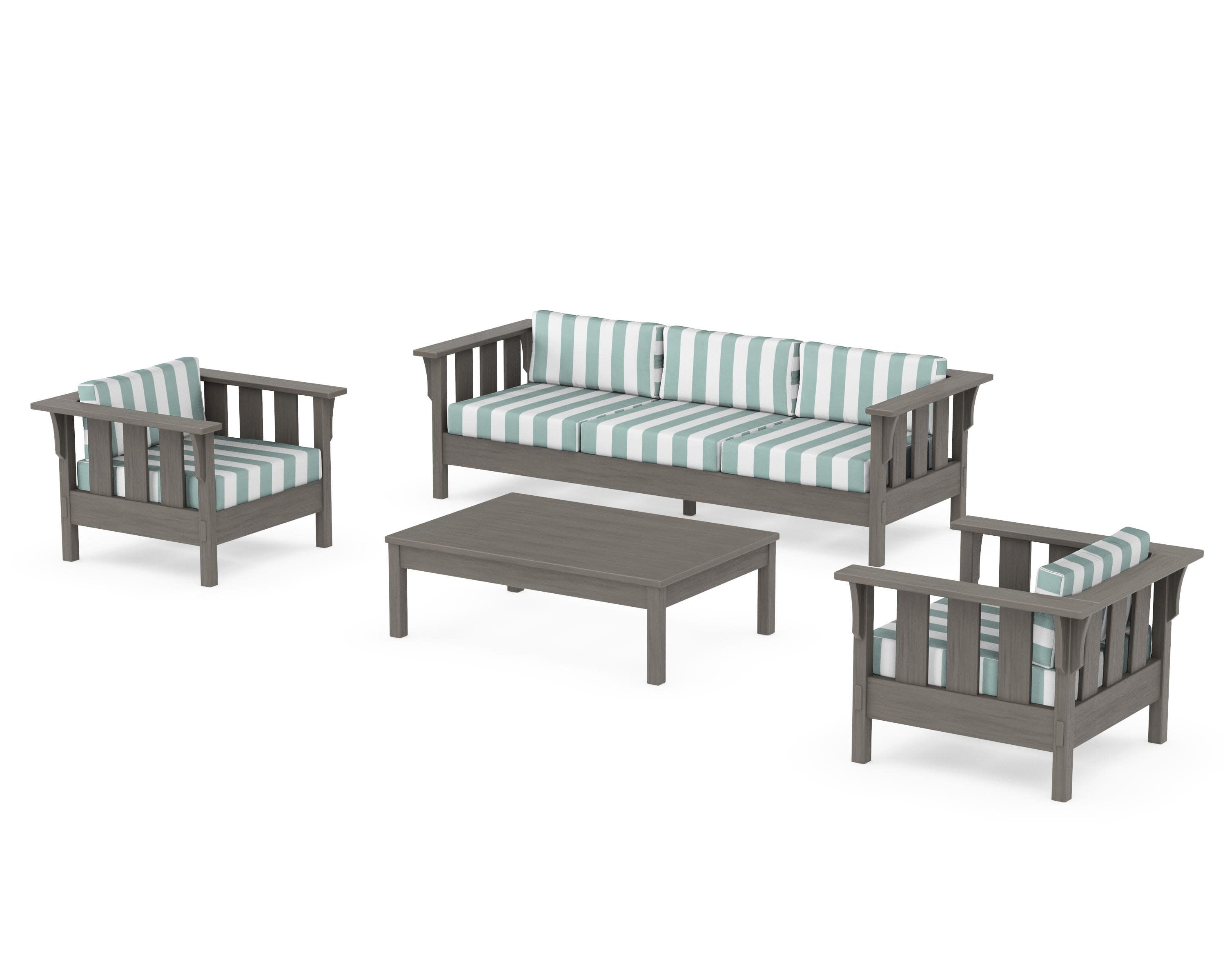 Acadia 4-Piece Deep Seating Set with Sofa in Driftwood / Cabana Stripe Glacier Spa