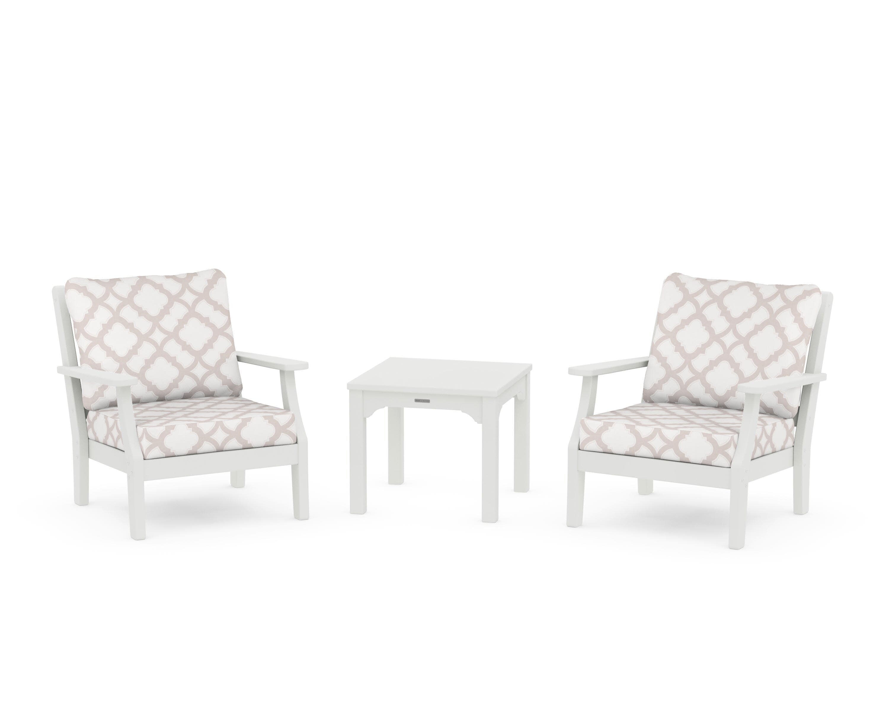 Chinoiserie 3-Piece Deep Seating Set in Vintage White / Trellis Dune Burlap