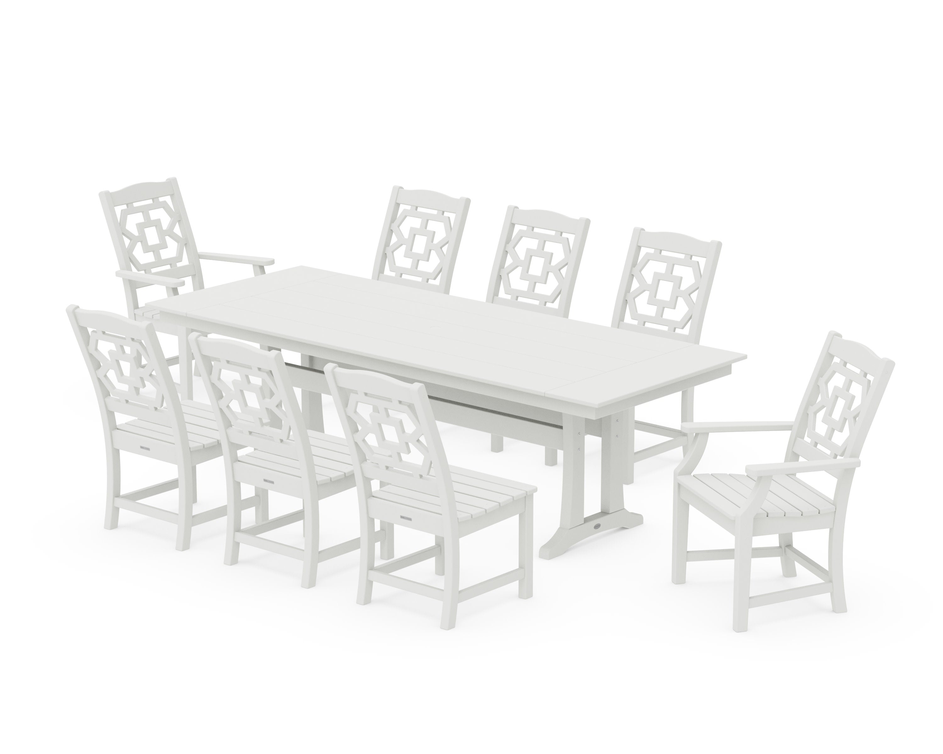 Chinoiserie 9-Piece Farmhouse Dining Set with Trestle Legs in Vintage White