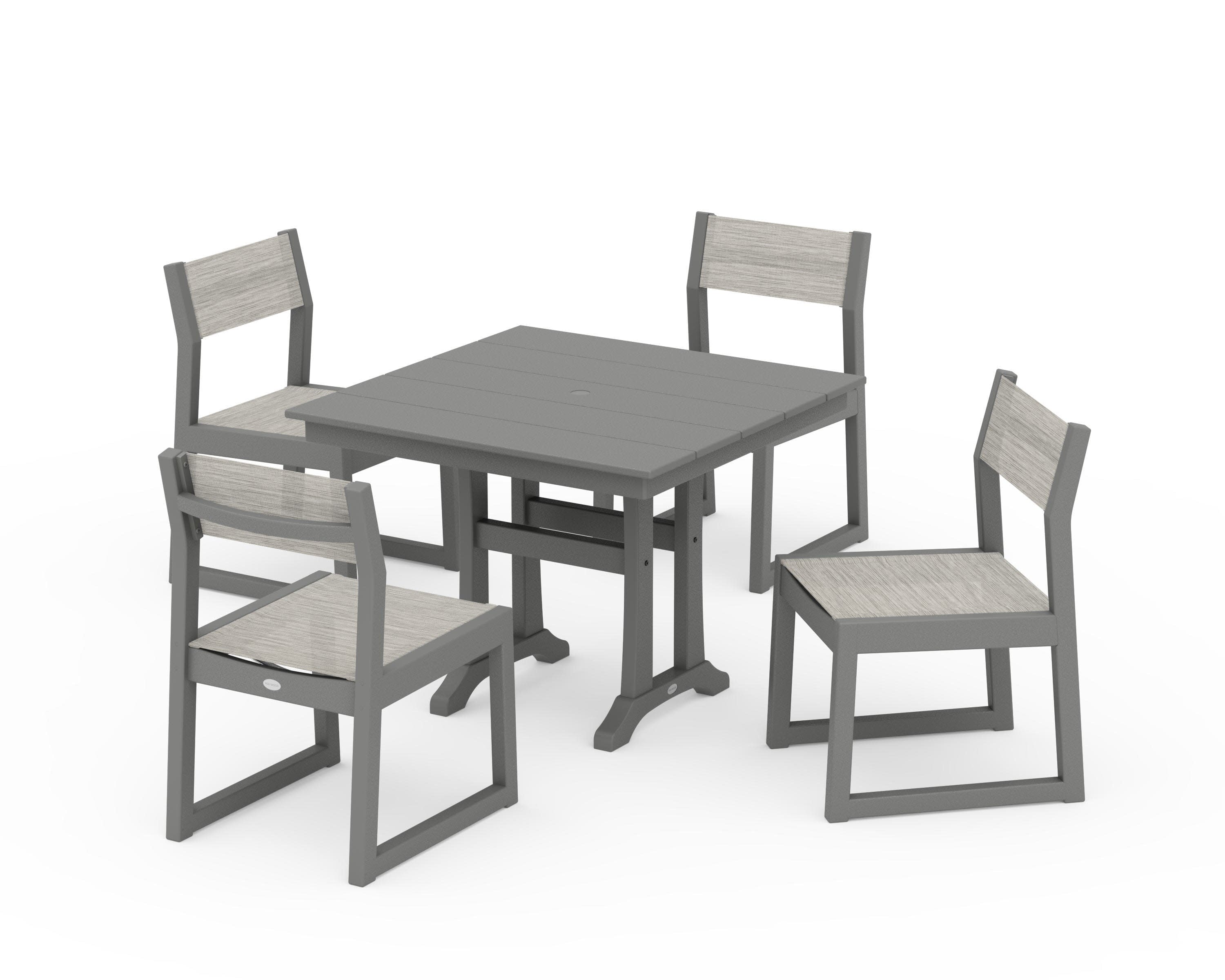 EDGE Sling 5-Piece Farmhouse Trestle Side Chair Dining Set in Slate Grey / Birch Sling