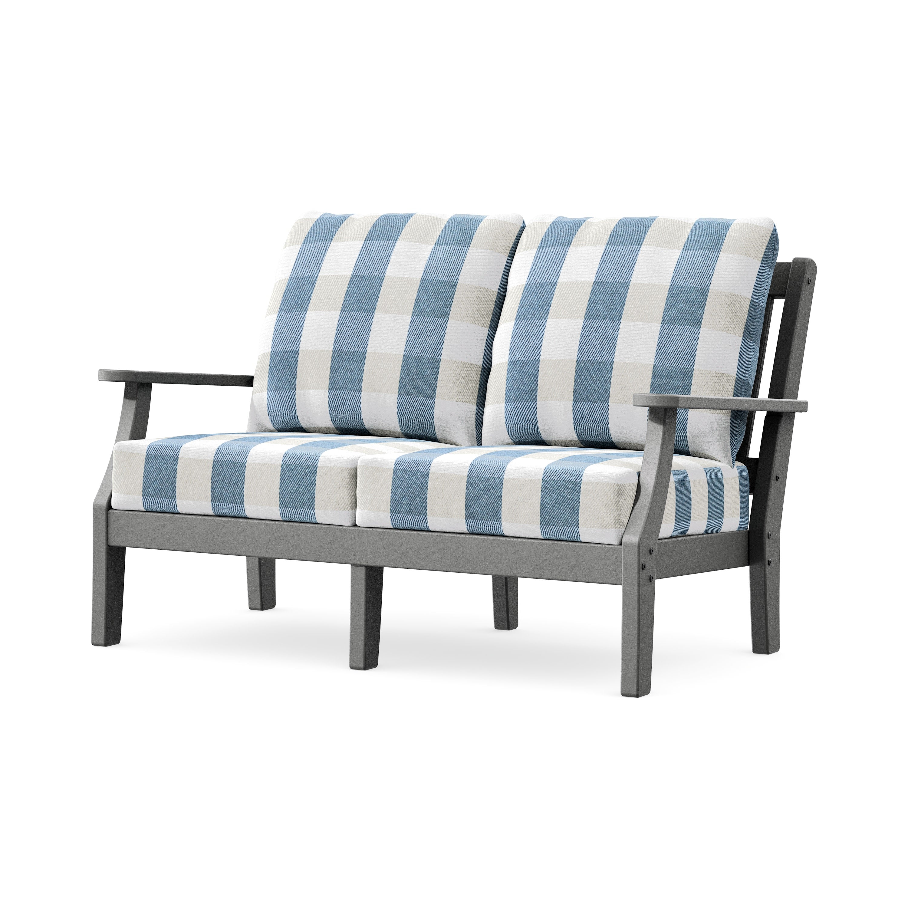Chinoiserie Deep Seating Loveseat in Slate Grey / Buffalo Plaid Sky Blue