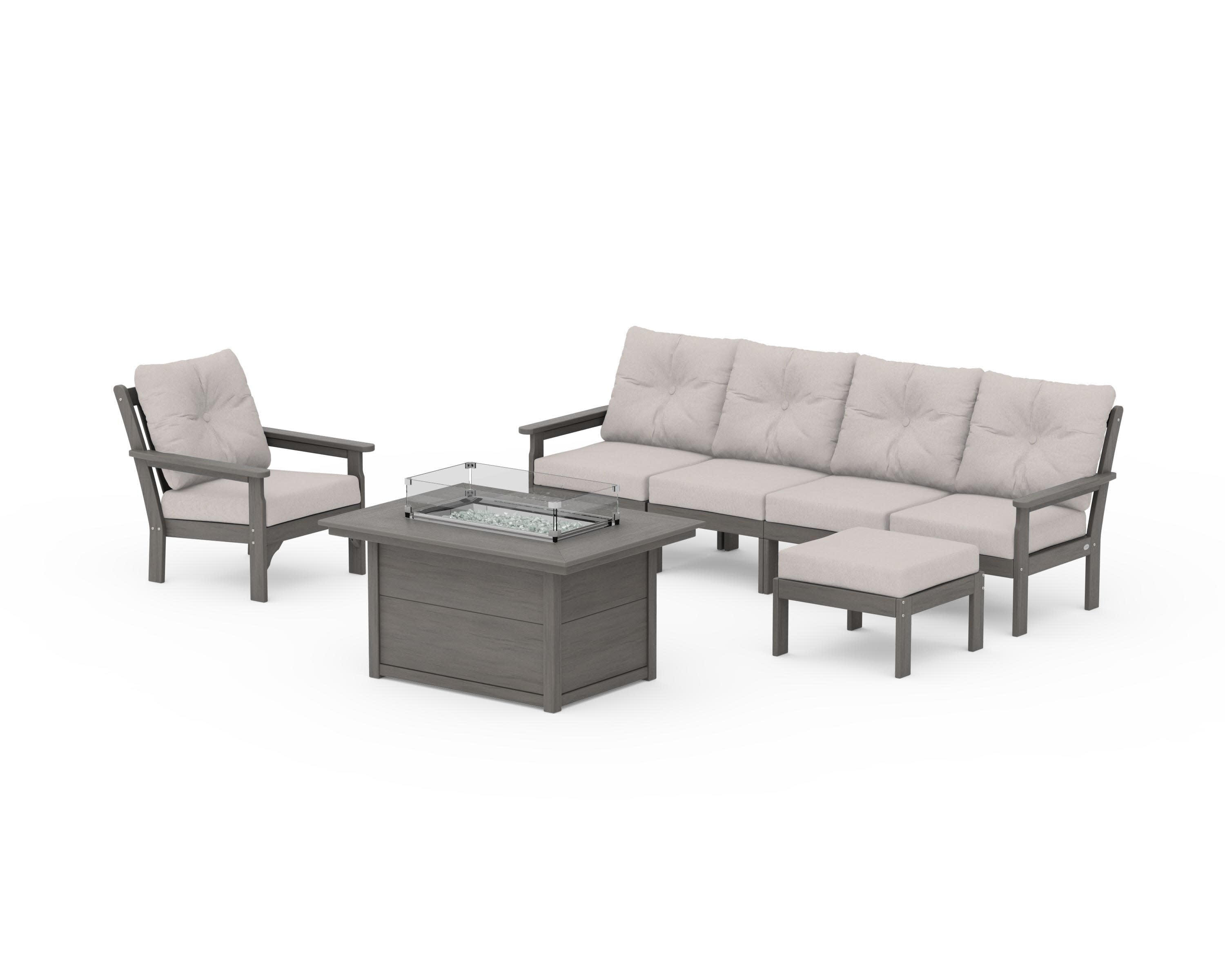 Vineyard Sectional Lounge and Fire Pit Set in Driftwood / Dune Burlap