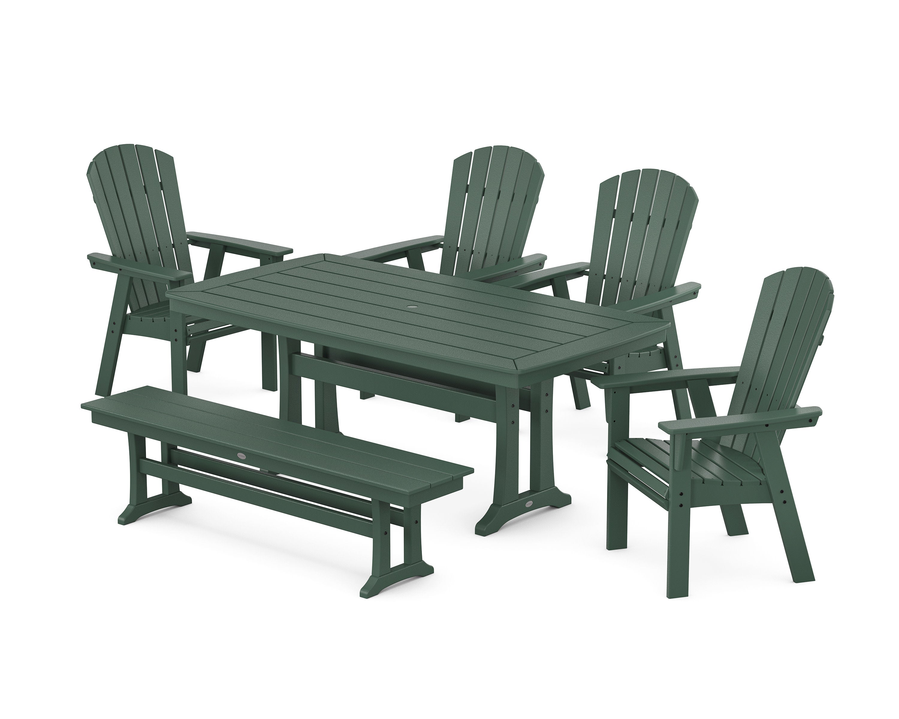 Nautical Curveback Adirondack 6-Piece Dining Set with Trestle Legs and Bench in Green