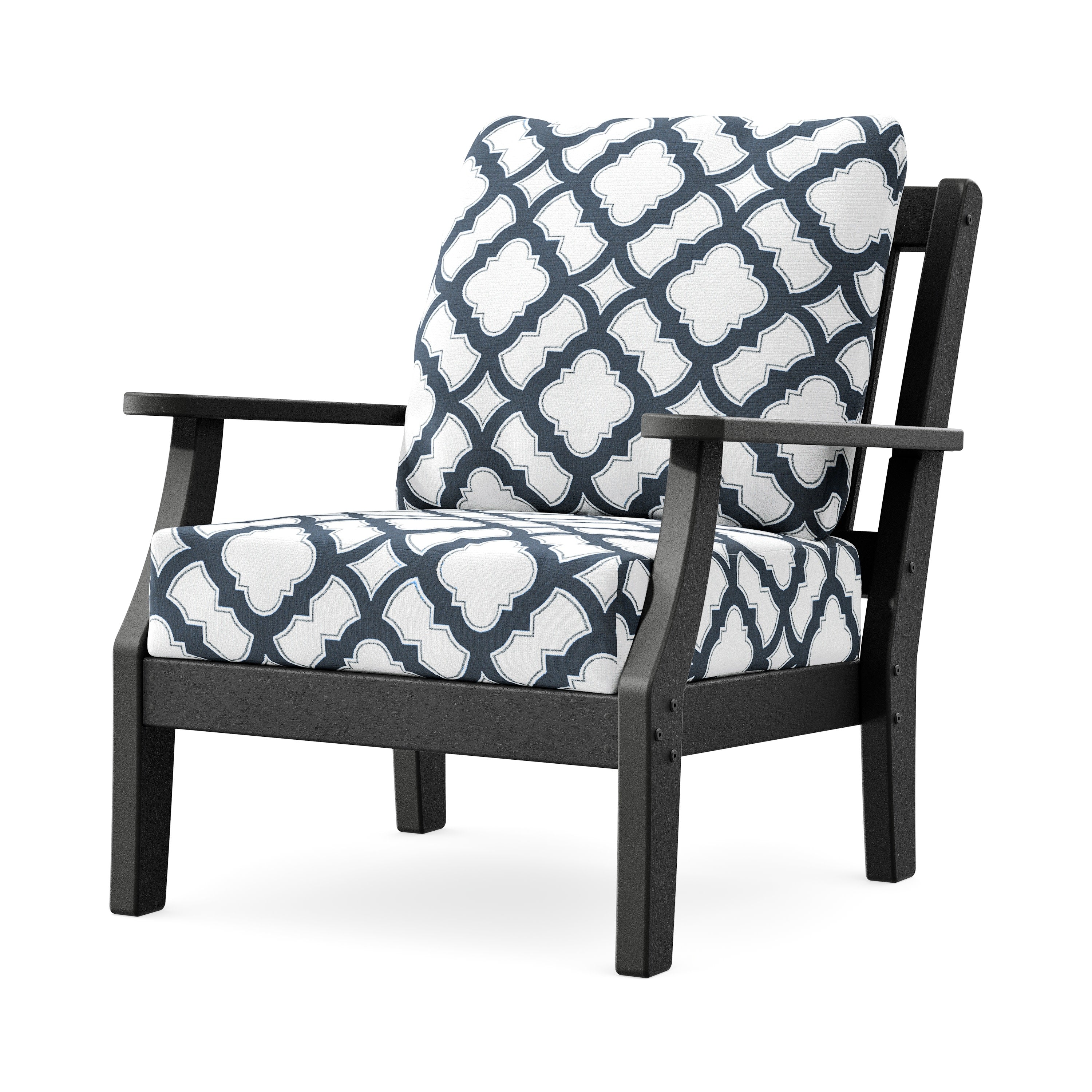 Chinoiserie Deep Seating Chair in Black / Trellis Marine Indigo