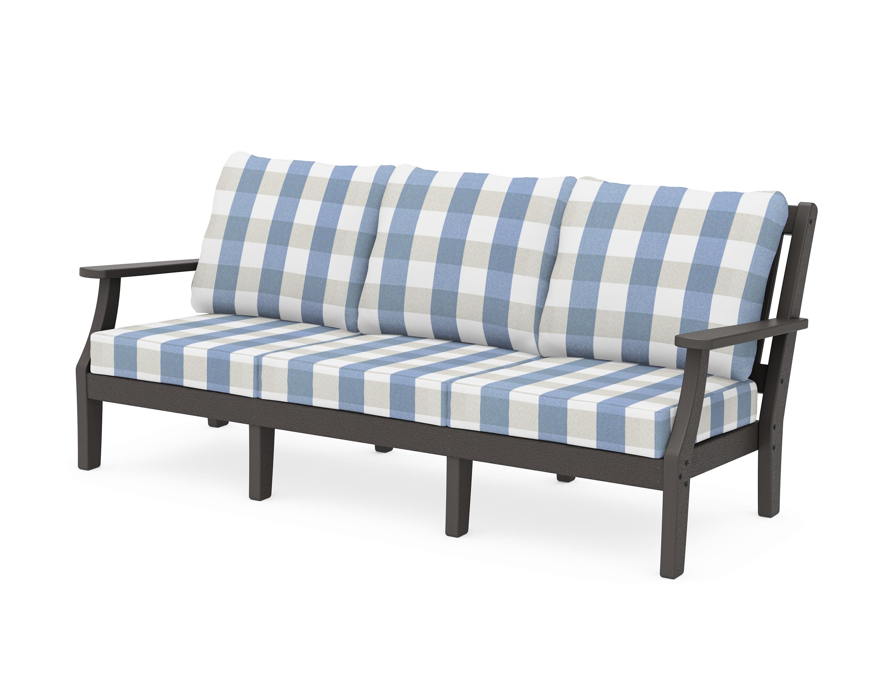 Chinoiserie Deep Seating Sofa in Vintage Coffee / Buffalo Plaid Sky Blue