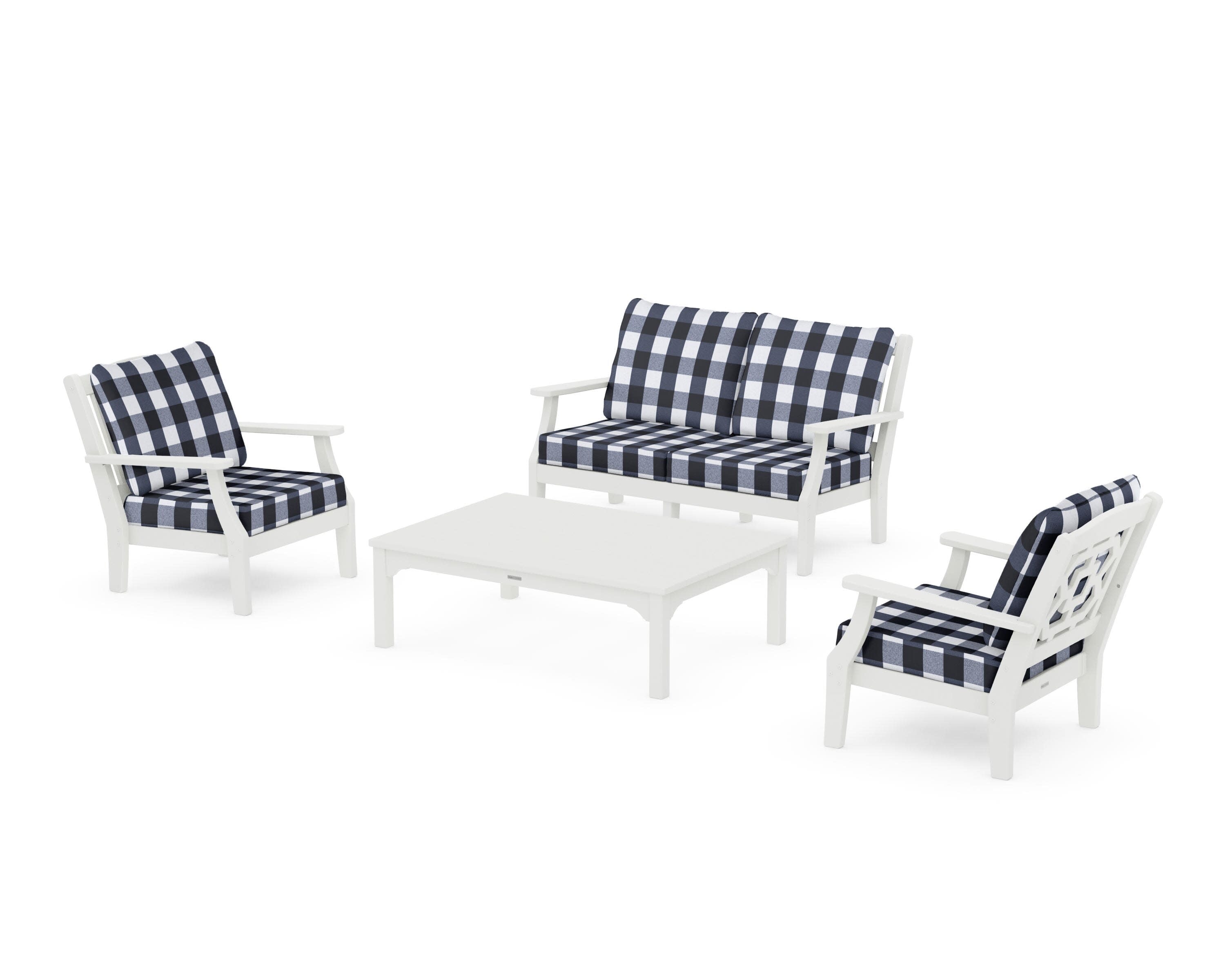 Chinoiserie 4-Piece Deep Seating Set with Loveseat in Vintage White / Buffalo Plaid Marine Indigo