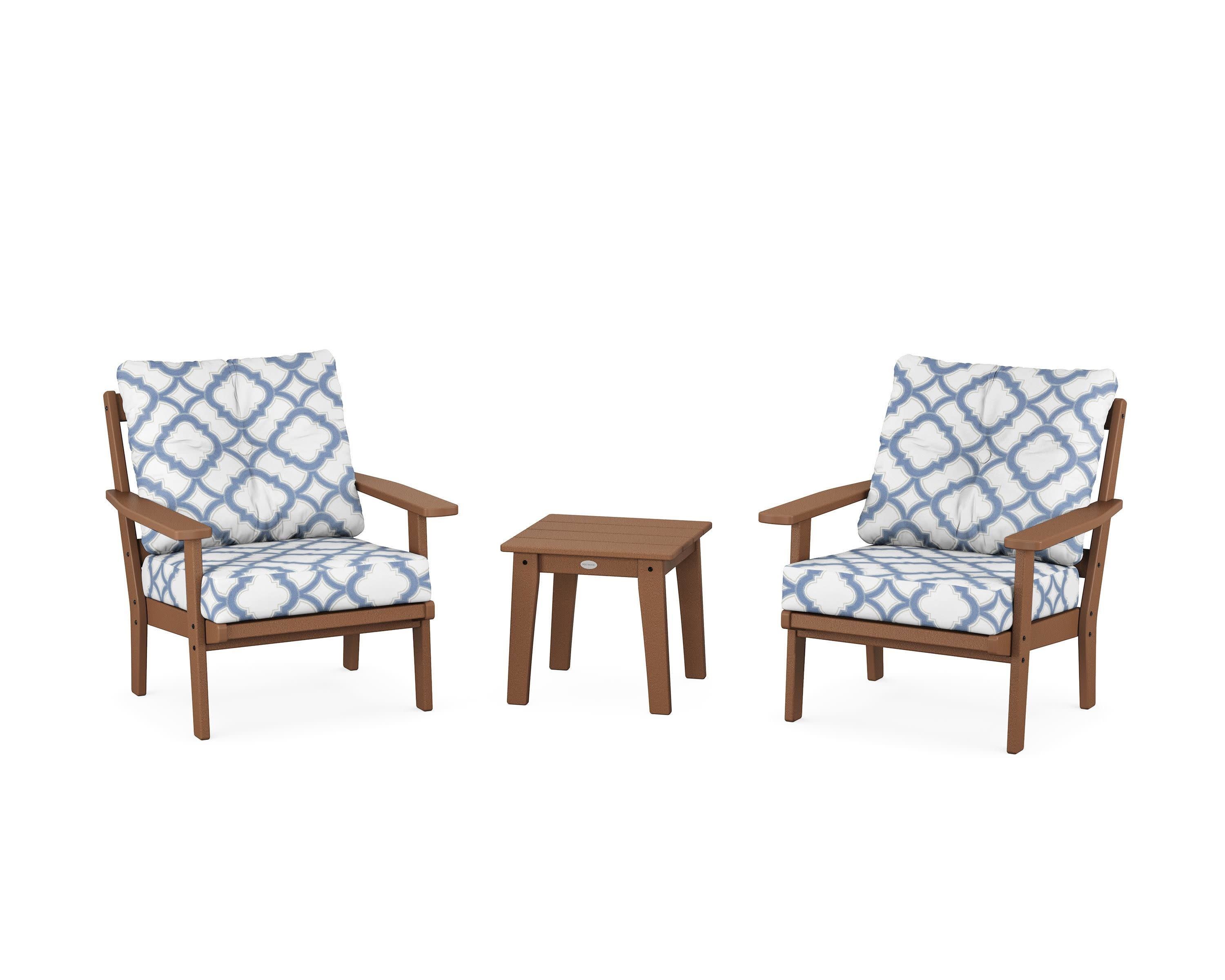 Oxford 3-Piece Deep Seating Set in Teak / Trellis Sky Blue