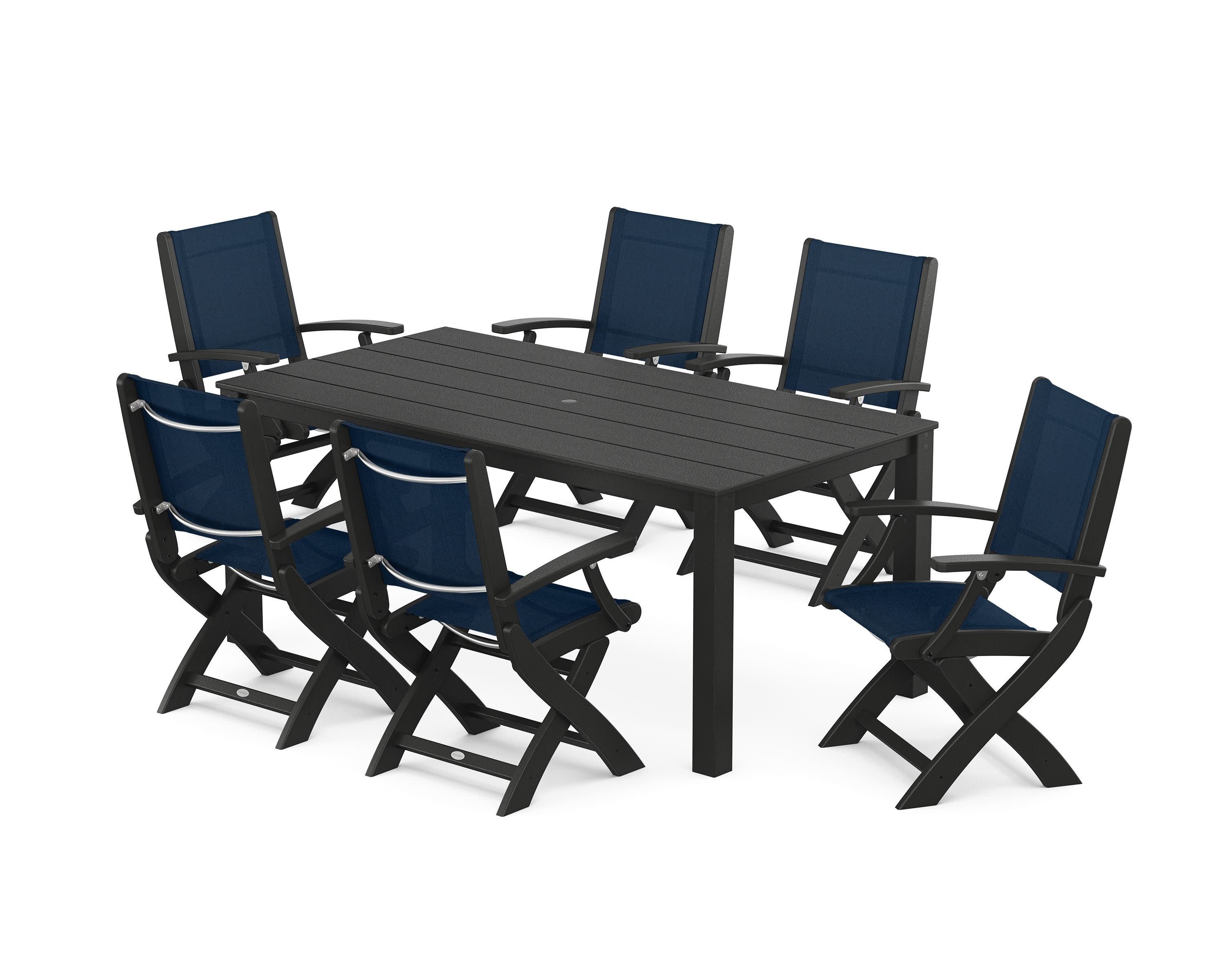 Coastal Folding Chair 7-Piece Parsons Dining Set in Black / Navy Blue Sling