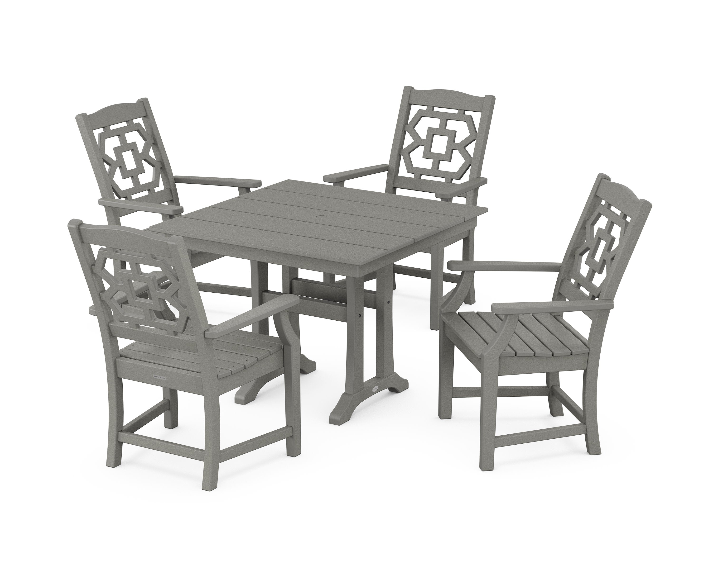 Chinoiserie 5-Piece Farmhouse Dining Set with Trestle Legs in Slate Grey