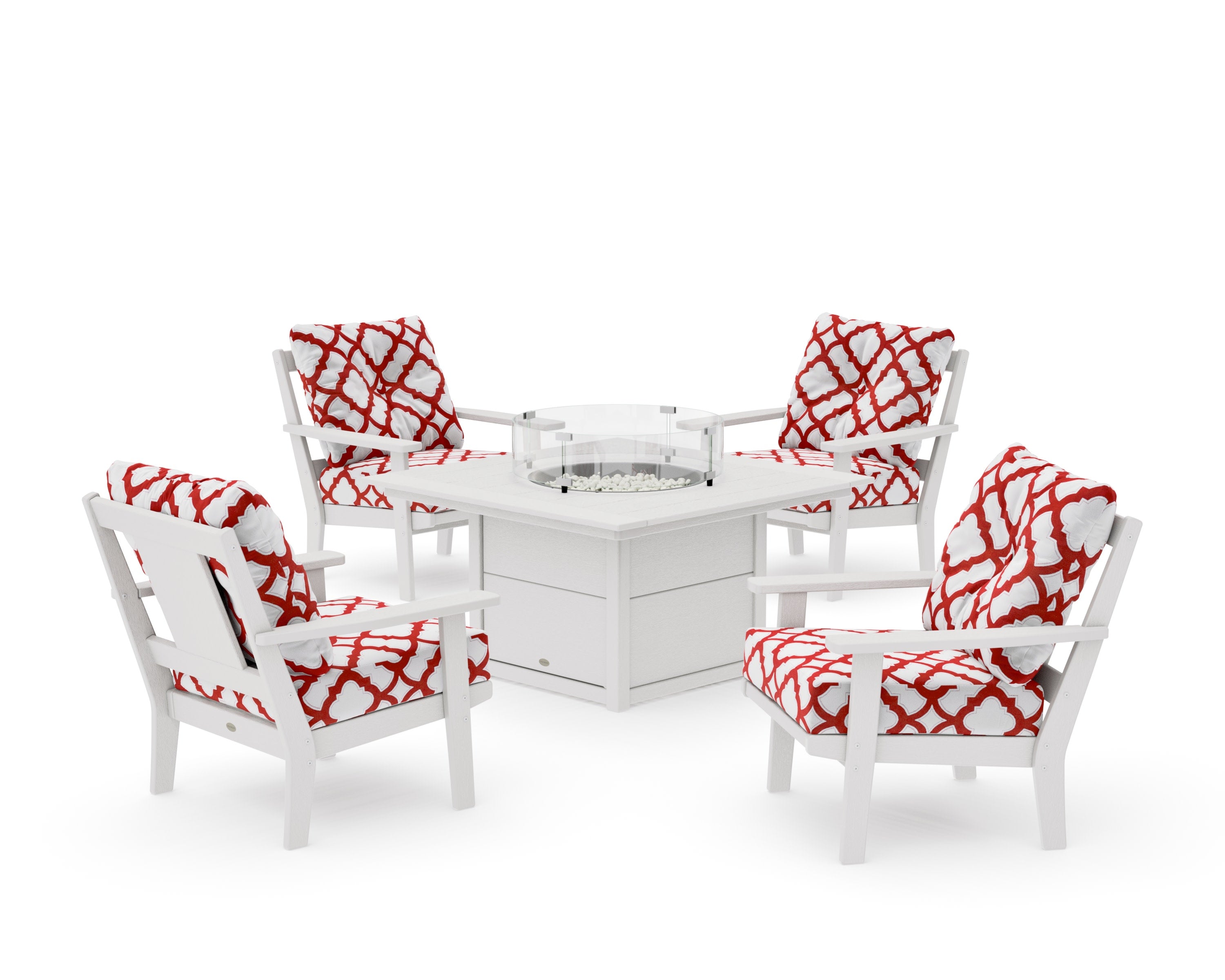 Prairie 5-Piece Deep Seating Set with Fire Pit Table in Vintage White / Trellis Crimson