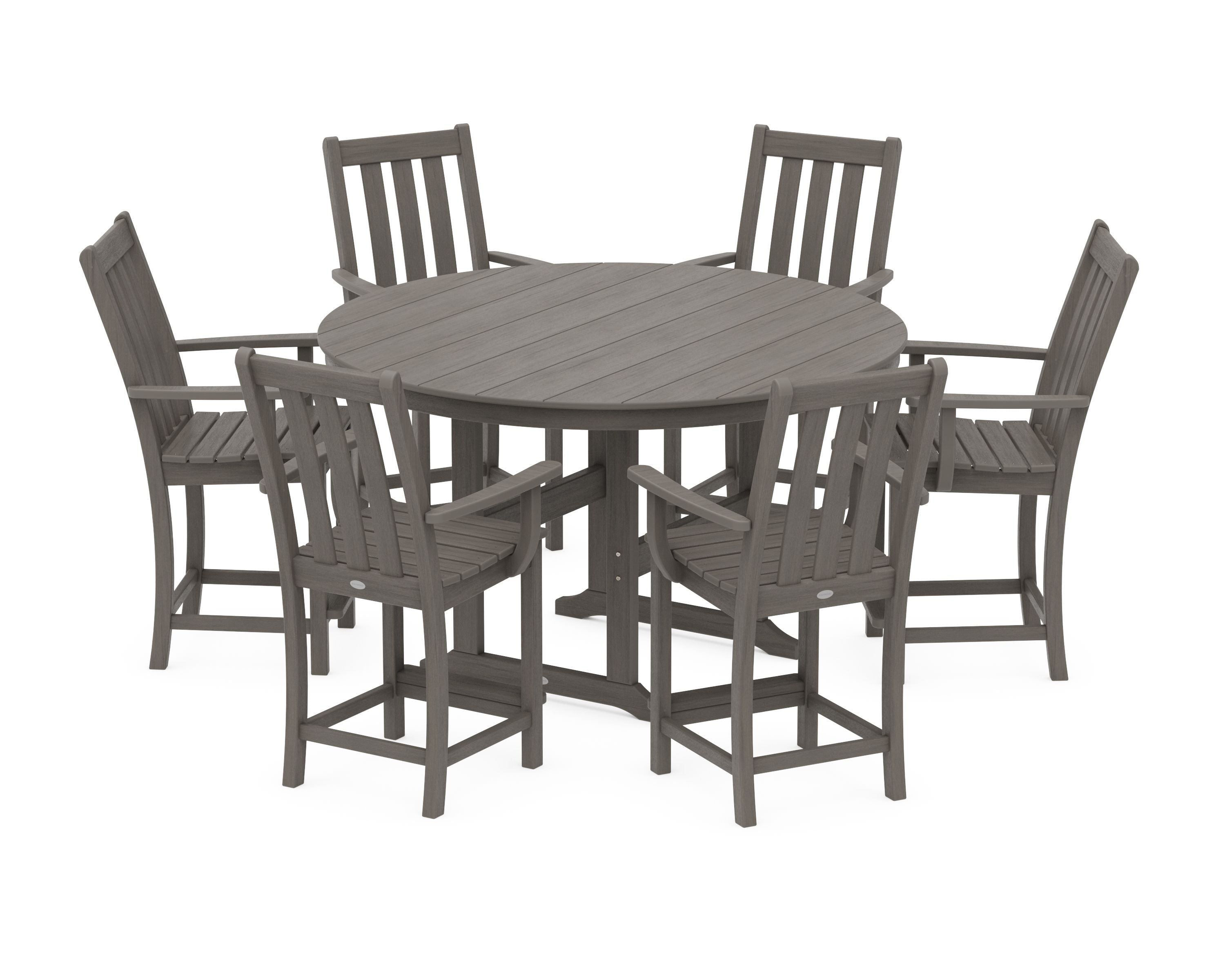 Vineyard 7-Piece Arm Chair Round Farmhouse Counter Set in Driftwood