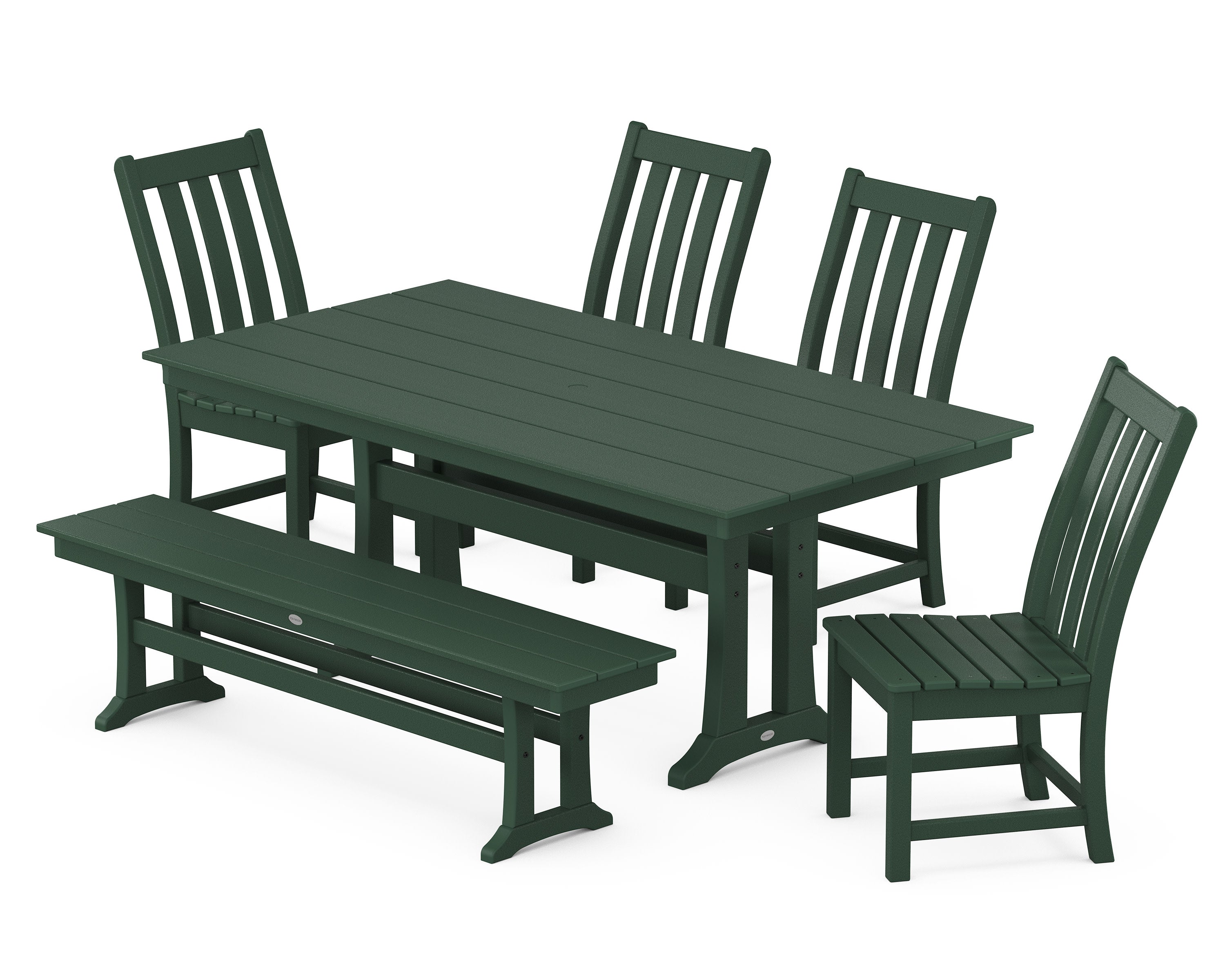 Vineyard Side Chair 6-Piece Farmhouse Dining Set with Trestle Legs and Bench in Green
