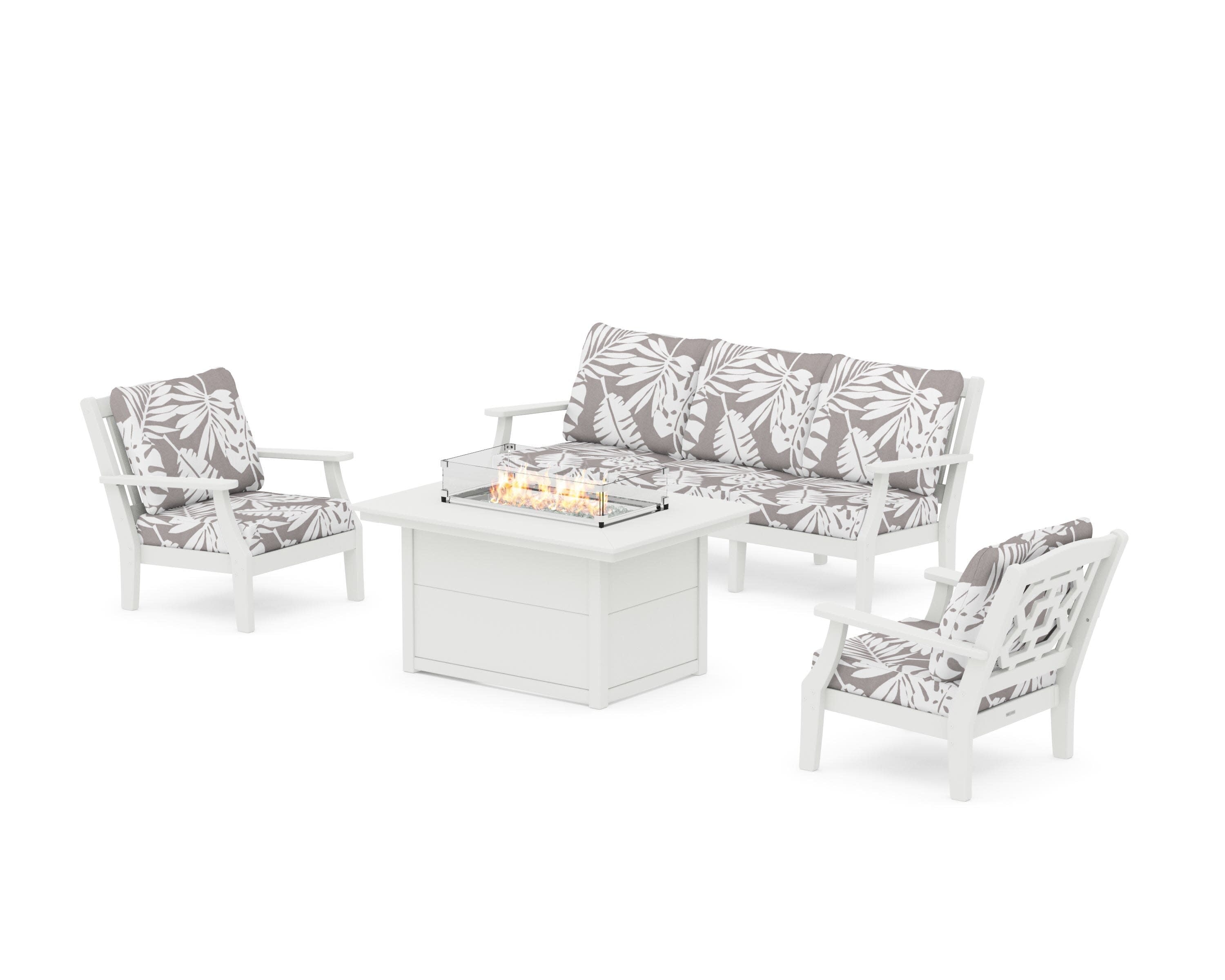 Chinoiserie Deep Seating Fire Pit Table Set in Vintage White / Leaf Grey Mist