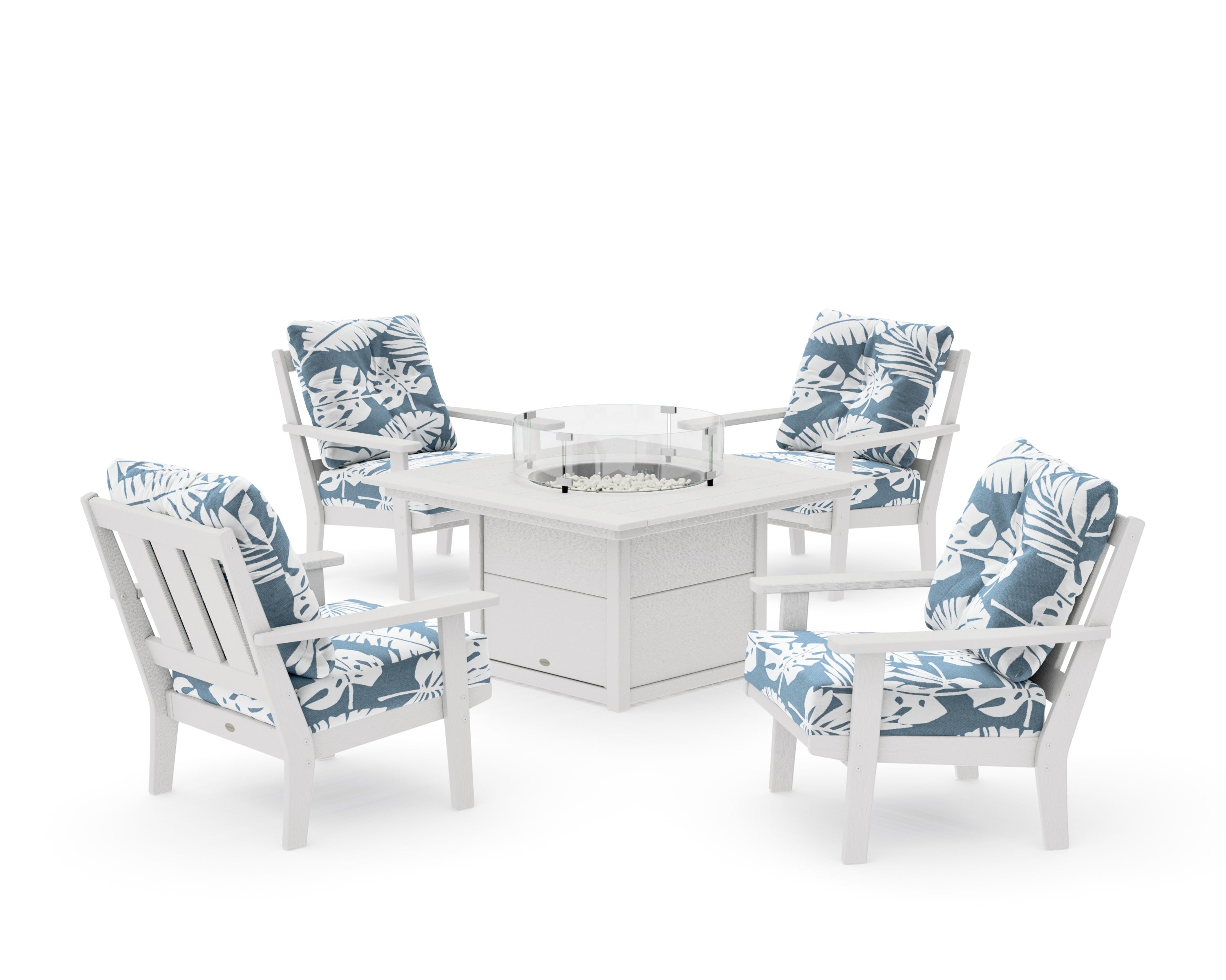Oxford 5-Piece Deep Seating Set with Fire Pit Table in Vintage White / Leaf Sky Blue