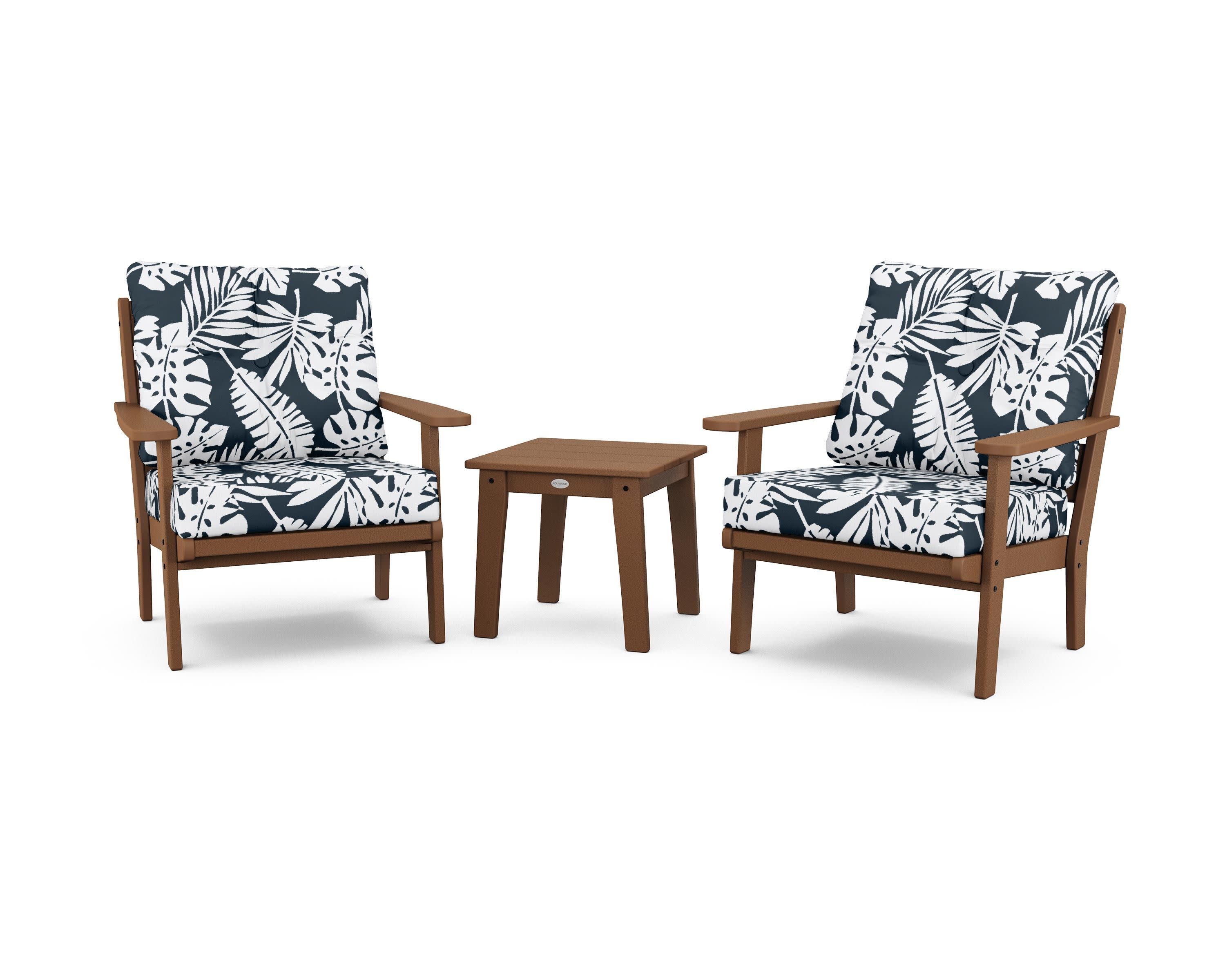 Lakeside 3-Piece Deep Seating Chair Set in Teak / Leaf Marine Indigo