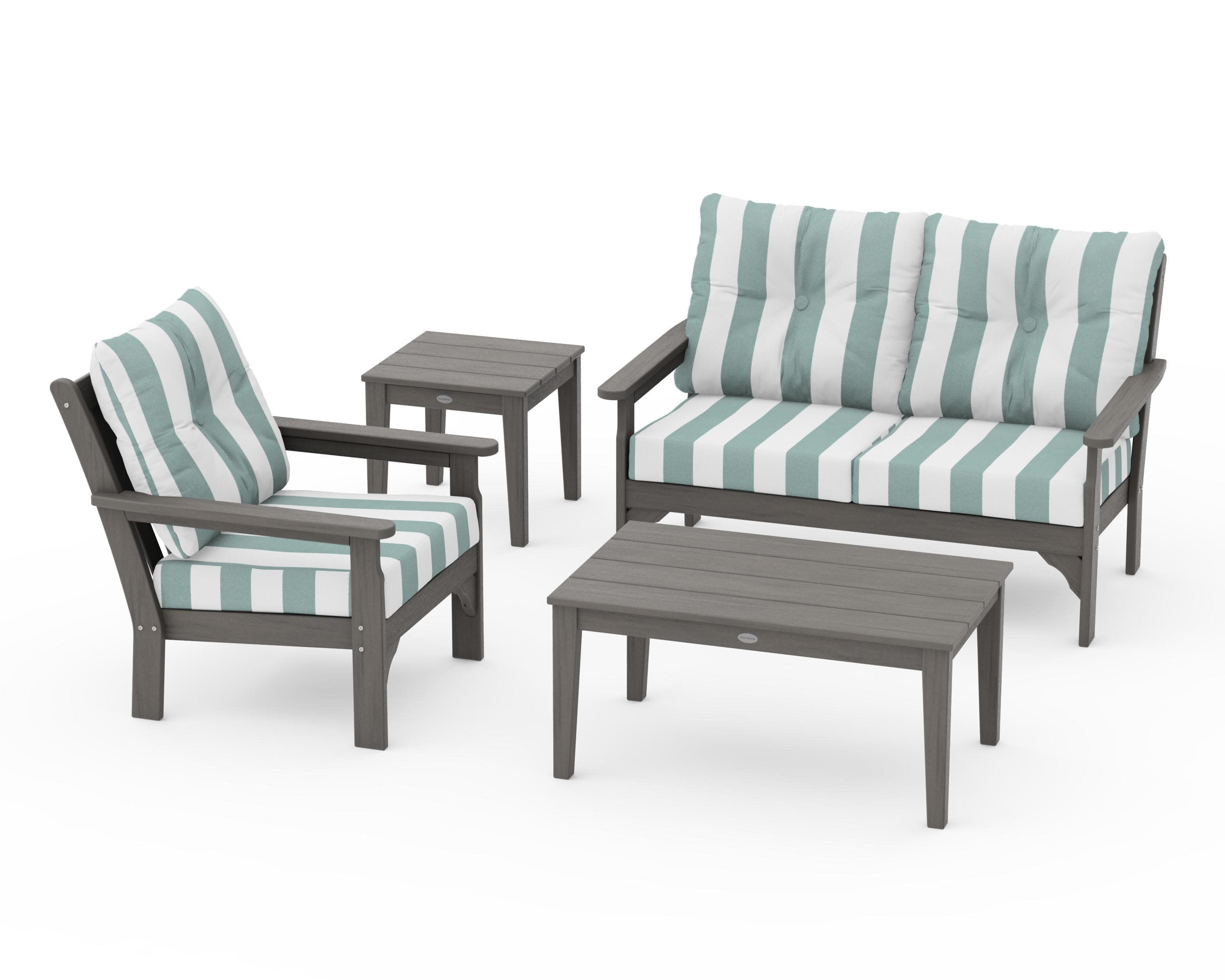 Vineyard 4-Piece Deep Seating Set in Driftwood / Cabana Stripe Glacier Spa