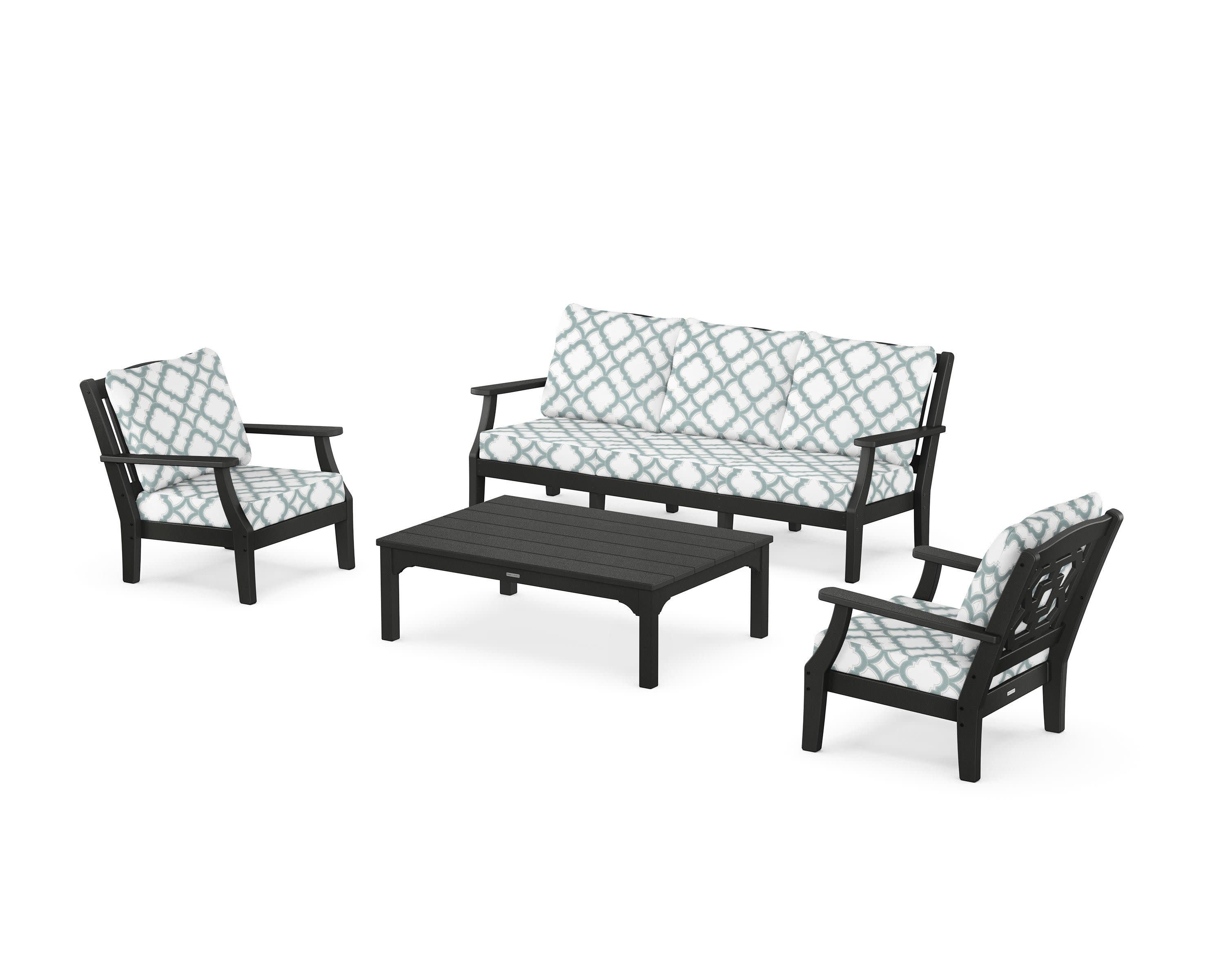 Chinoiserie 4-Piece Deep Seating Set with Sofa in Black / Trellis Glacier Spa